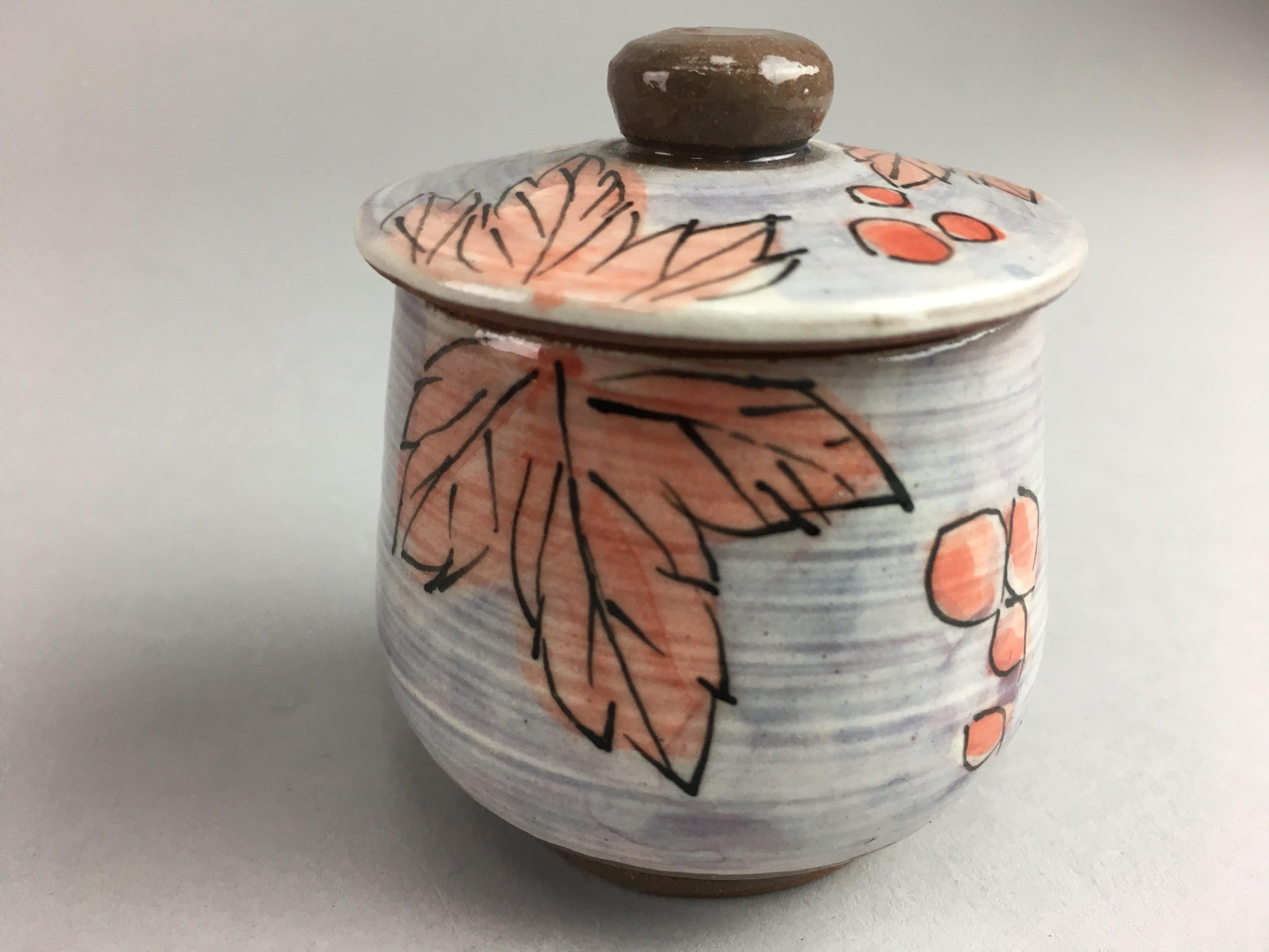 Japanese Ceramic Lidded Pot Jar Iremono Tsubo Orange Leaf Gray Vtg Pottery PT24
