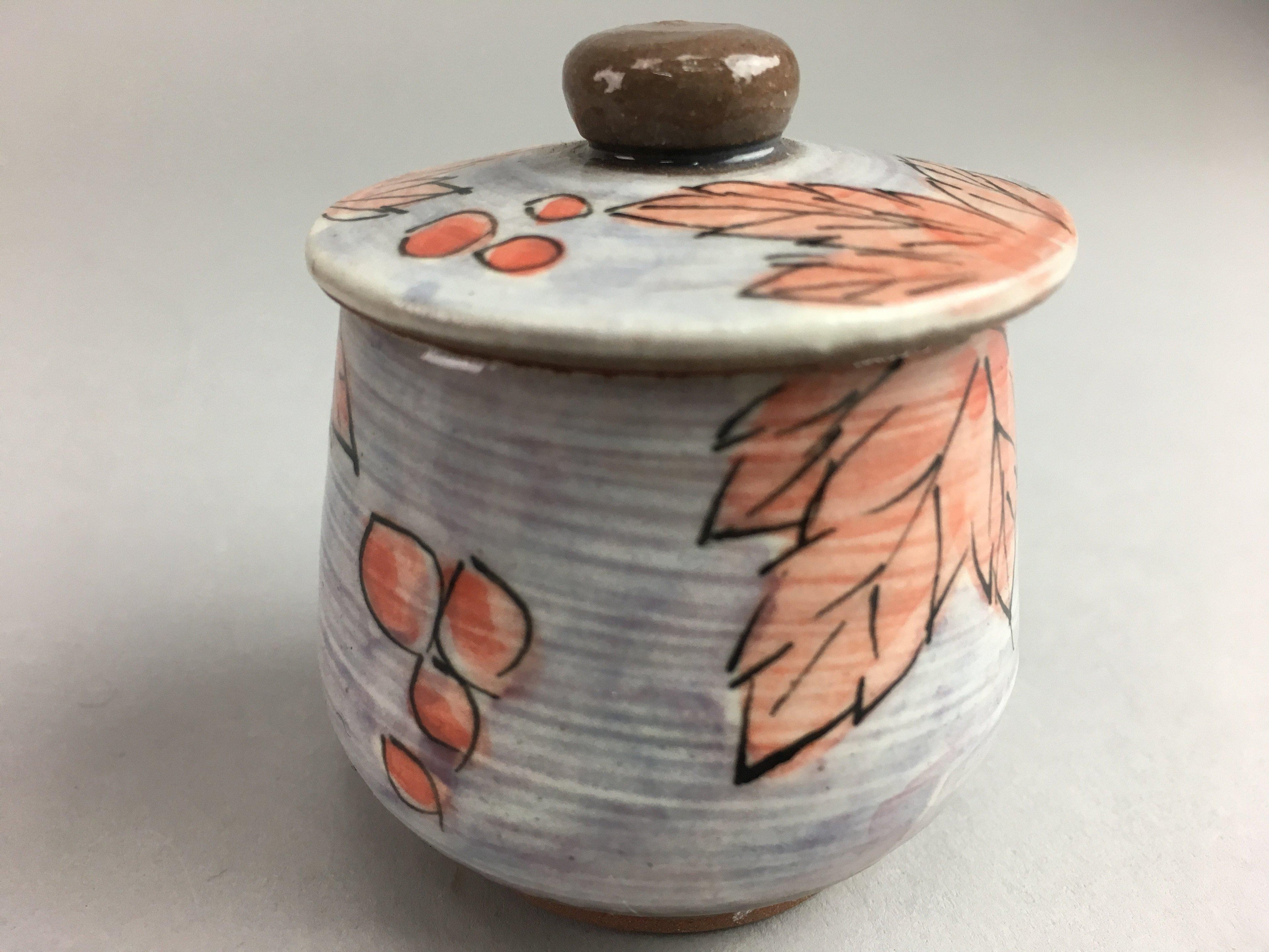 Japanese Ceramic Lidded Pot Jar Iremono Tsubo Orange Leaf Gray Vtg Pottery PT24