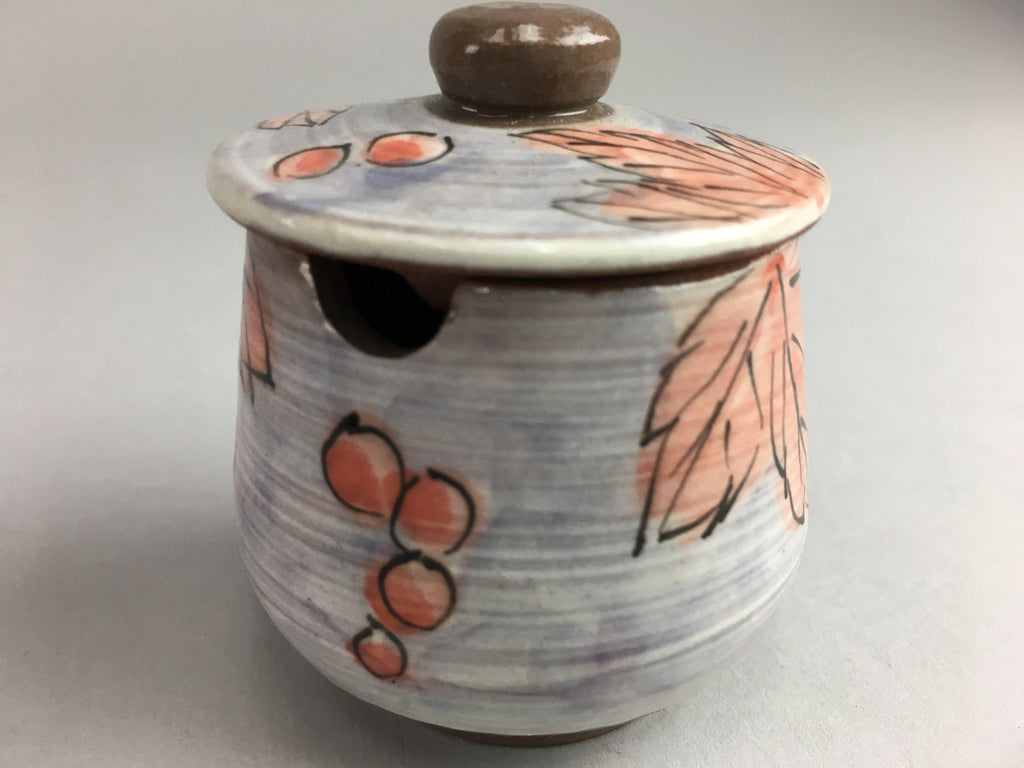 Japanese Ceramic Lidded Pot Jar Iremono Tsubo Orange Leaf Gray Vtg Pottery PT24