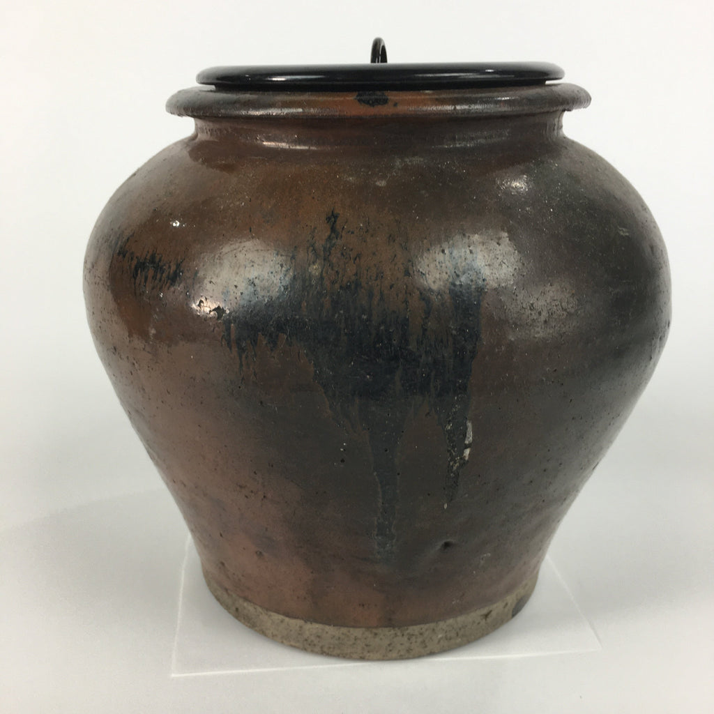 Japanese Ceramic Lidded Pot Jar Iremono Tsubo Vtg Pottery Brown PP497