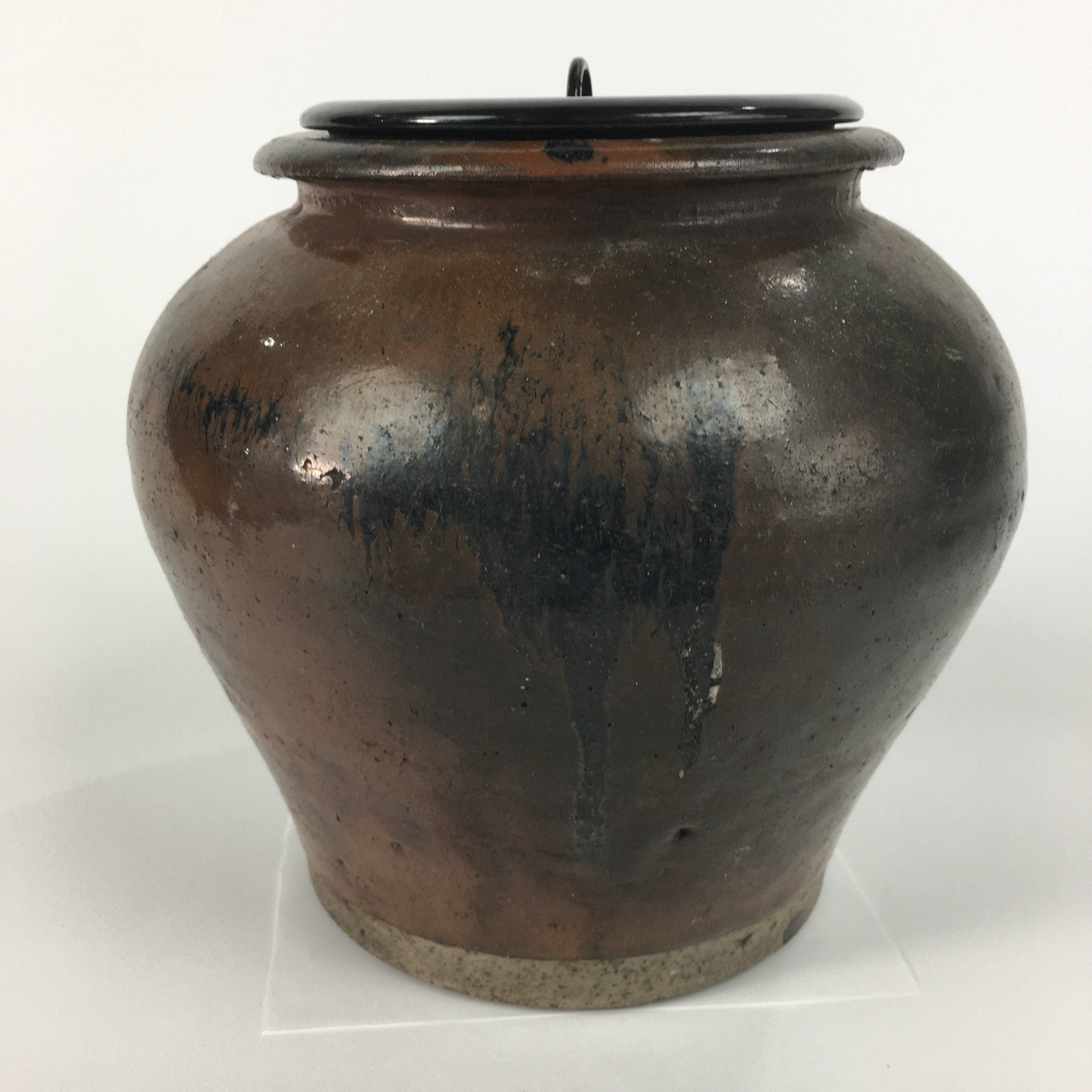 Japanese Ceramic Lidded Pot Jar Iremono Tsubo Vtg Pottery Brown PP497
