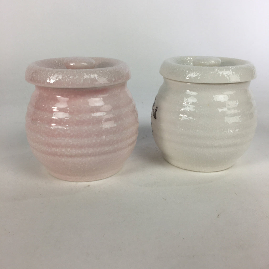 Japanese Ceramic Lidded Pot Jar Set Tsubo Vtg Pottery White Pink Poetry PP599