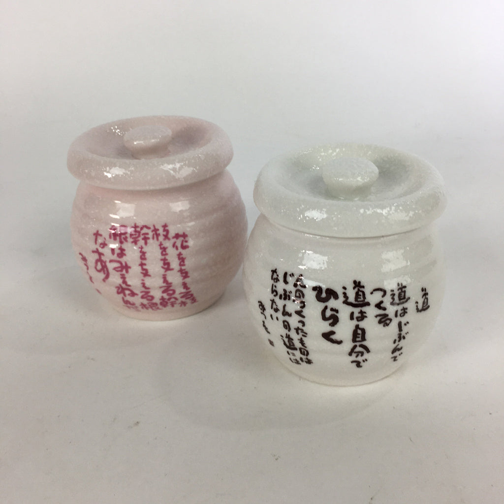 Japanese Ceramic Lidded Pot Jar Set Tsubo Vtg Pottery White Pink Poetry PP599