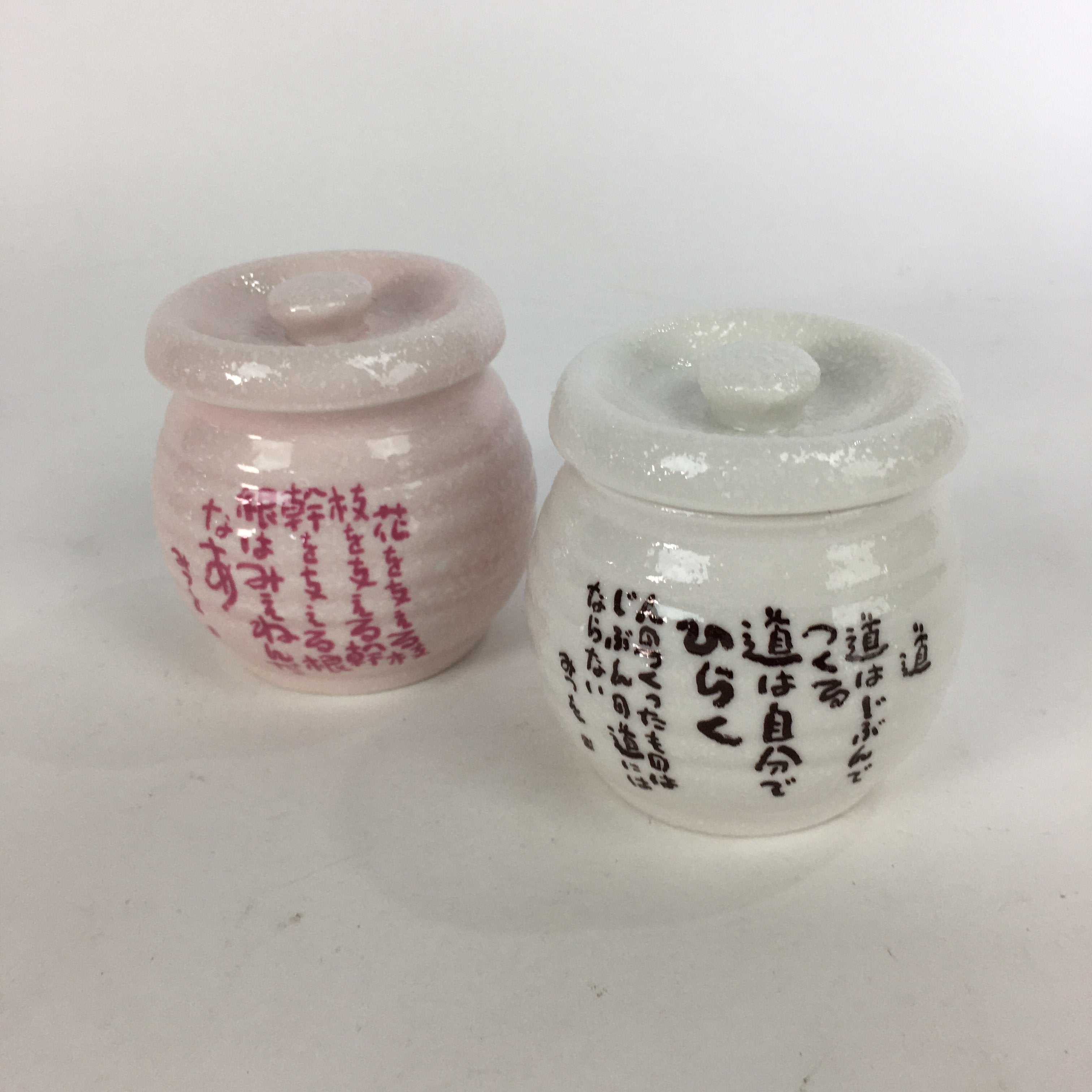 Japanese Ceramic Lidded Pot Jar Set Tsubo Vtg Pottery White Pink Poetry PP599
