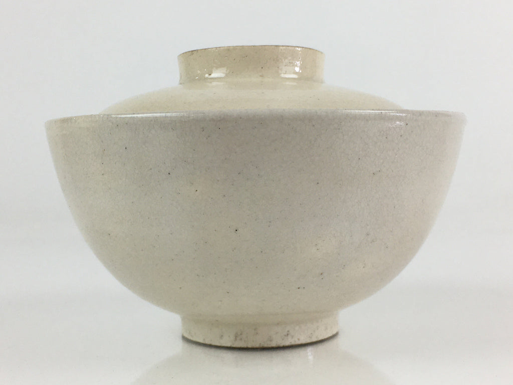 Japanese Ceramic Lidded Rice Bowl Vtg White Chawan Pottery PY127