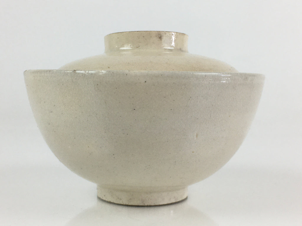 Japanese Ceramic Lidded Rice Bowl Vtg White Chawan Pottery PY127