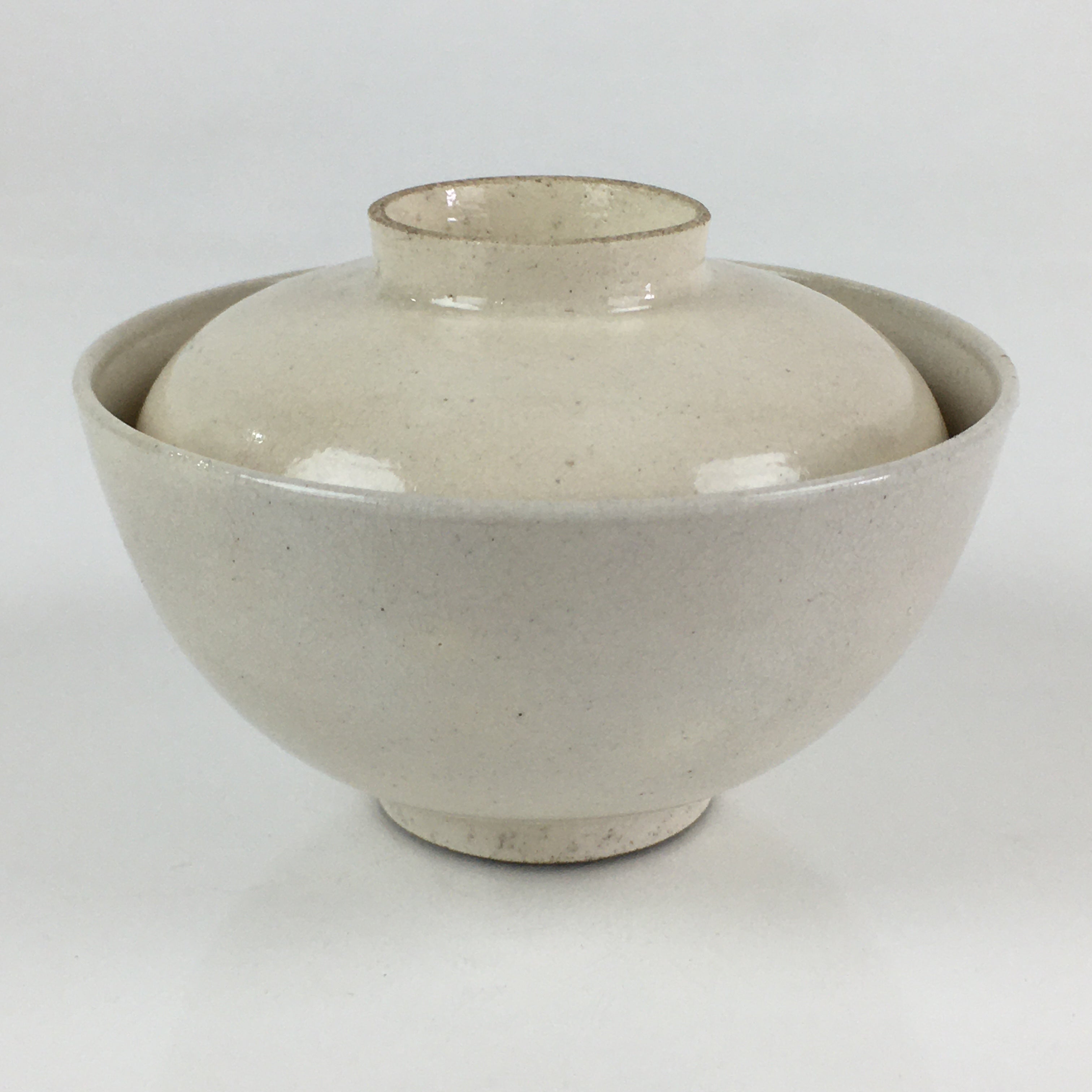 Japanese Ceramic Lidded Rice Bowl Vtg White Chawan Pottery PY127