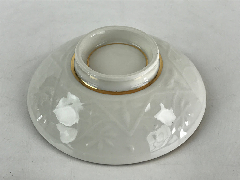 Japanese Ceramic Lidded Rice Bowl White Chawan Vtg Pottery Hand-drawn Flower PY2