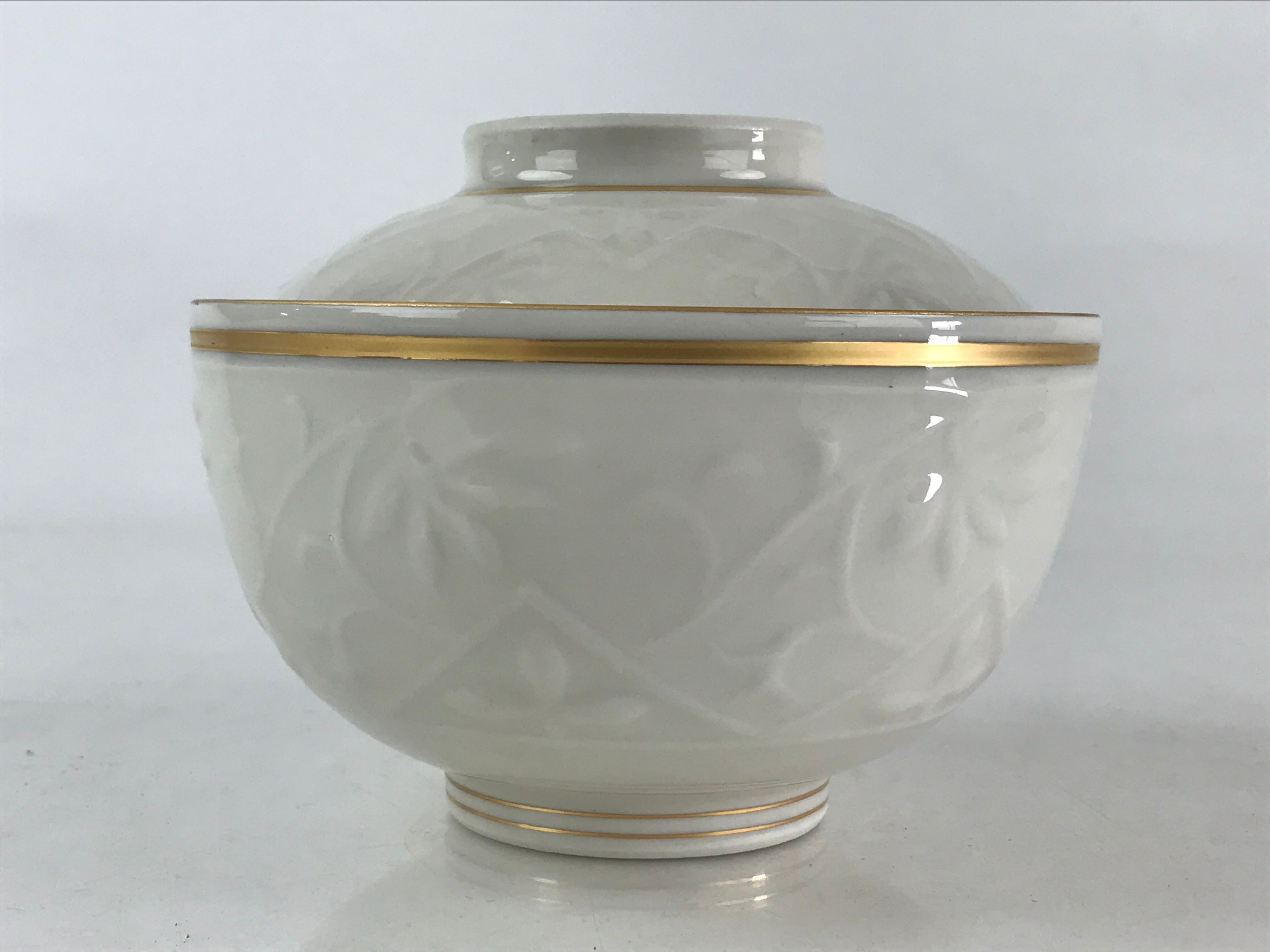 Japanese Ceramic Lidded Rice Bowl White Chawan Vtg Pottery Hand-drawn Flower PY2