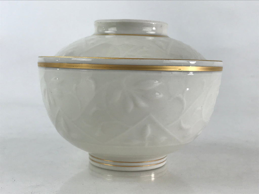 Japanese Ceramic Lidded Rice Bowl White Chawan Vtg Pottery Hand-drawn Flower PY2