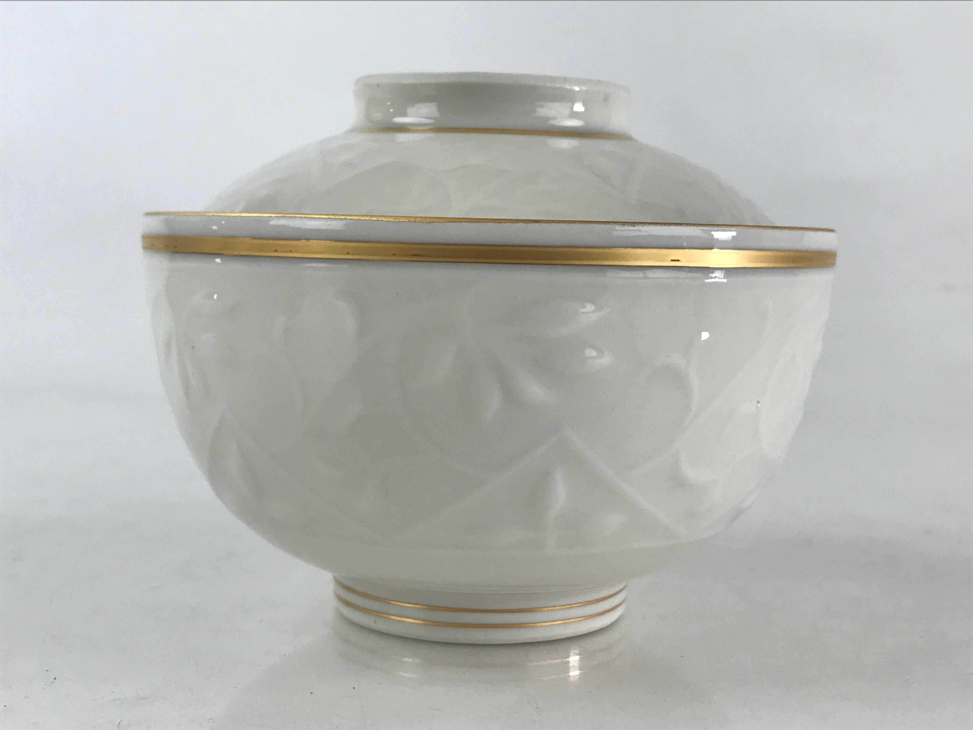 Japanese Ceramic Lidded Rice Bowl White Chawan Vtg Pottery Hand-drawn Flower PY2