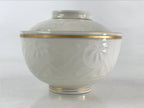 Japanese Ceramic Lidded Rice Bowl White Chawan Vtg Pottery Hand-drawn Flower PY2