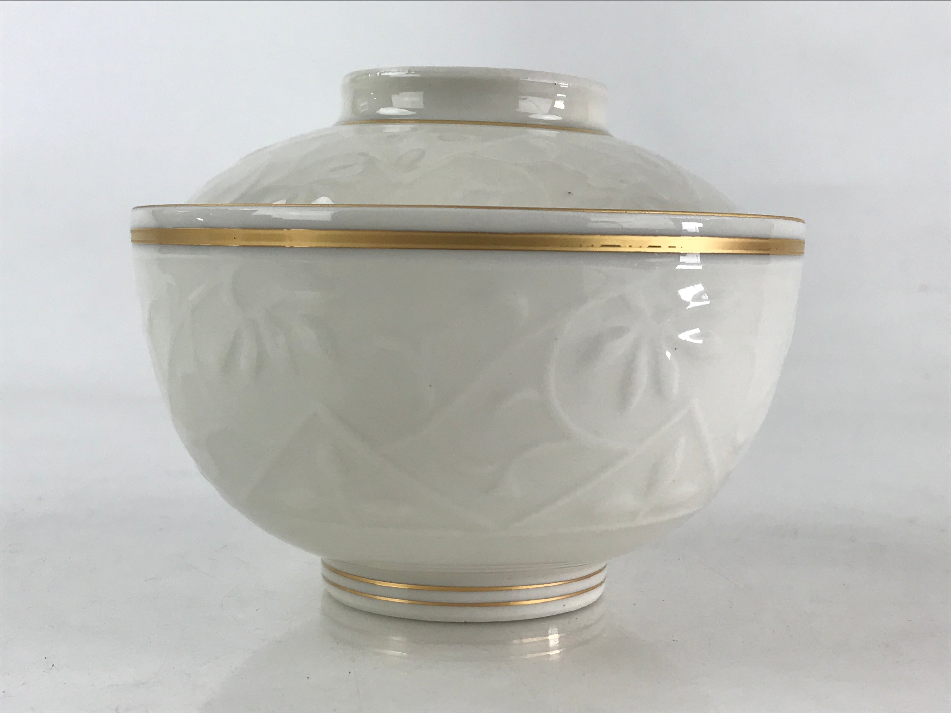 Japanese Ceramic Lidded Rice Bowl White Chawan Vtg Pottery Hand-drawn Flower PY2
