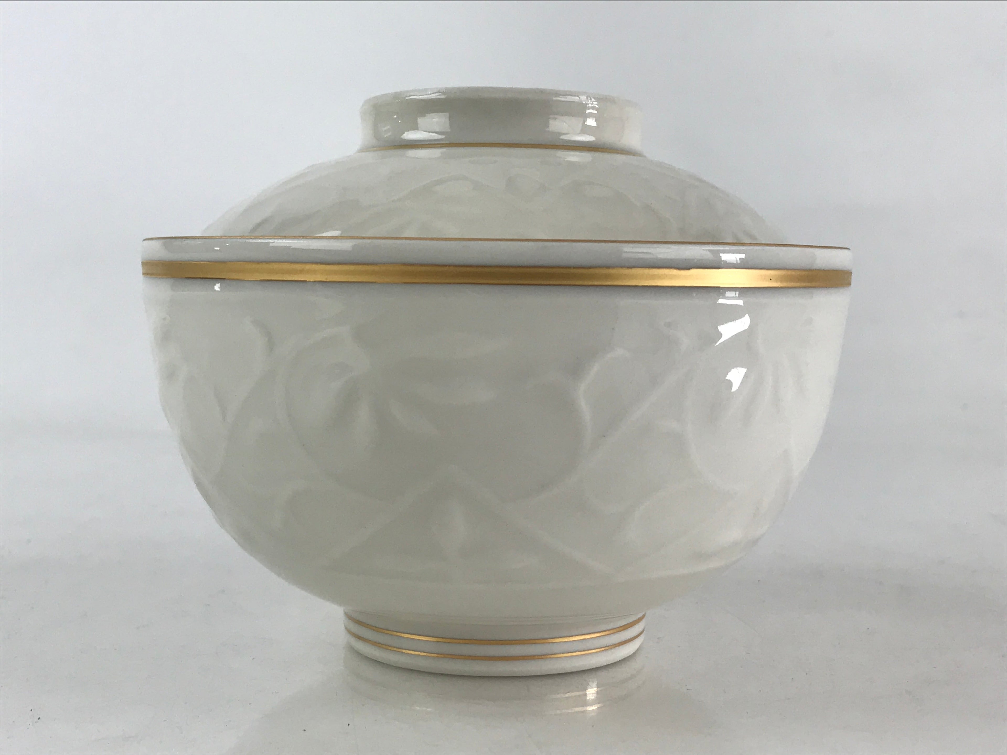 Japanese Ceramic Lidded Rice Bowl White Chawan Vtg Pottery Hand-drawn Flower PY2