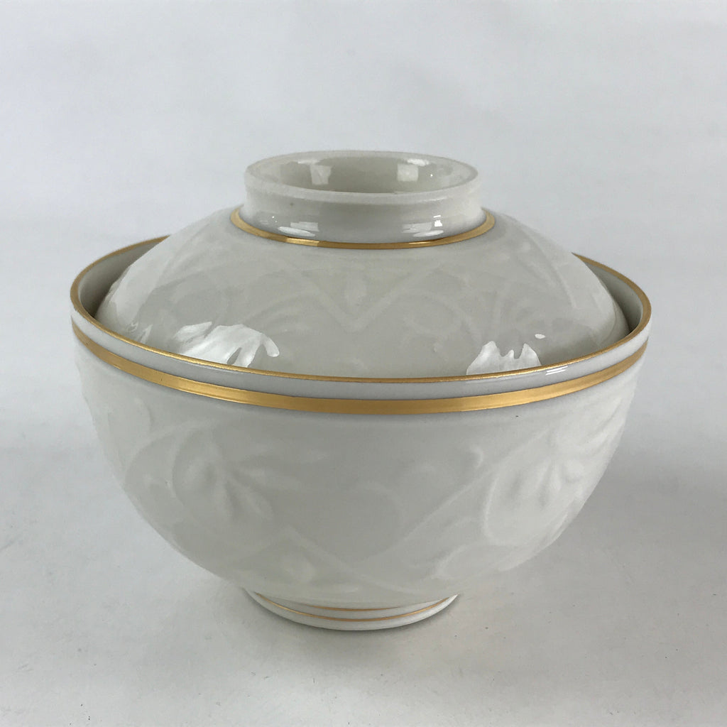 Japanese Ceramic Lidded Rice Bowl White Chawan Vtg Pottery Hand-drawn Flower PY2