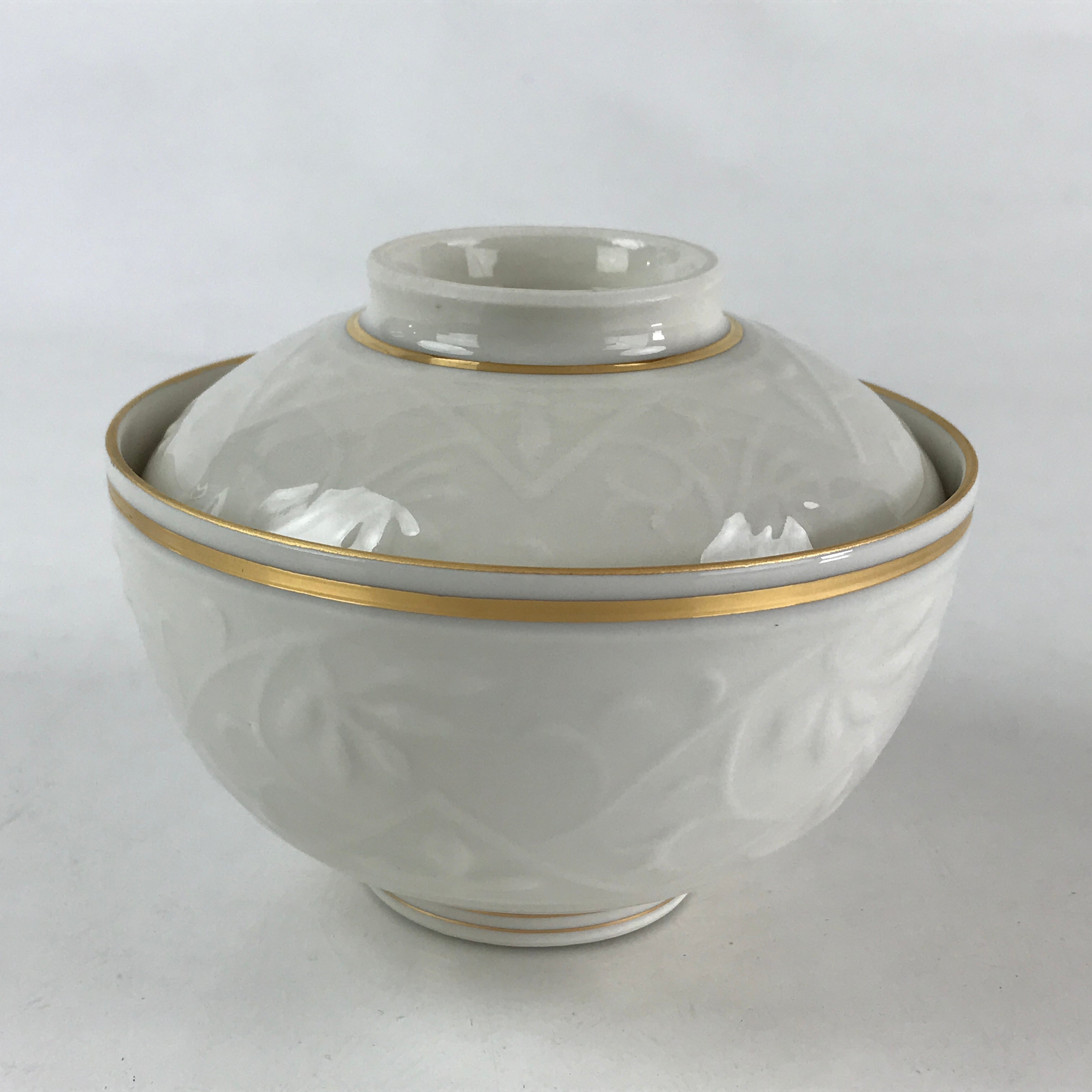 Japanese Ceramic Lidded Rice Bowl White Chawan Vtg Pottery Hand-drawn Flower PY2