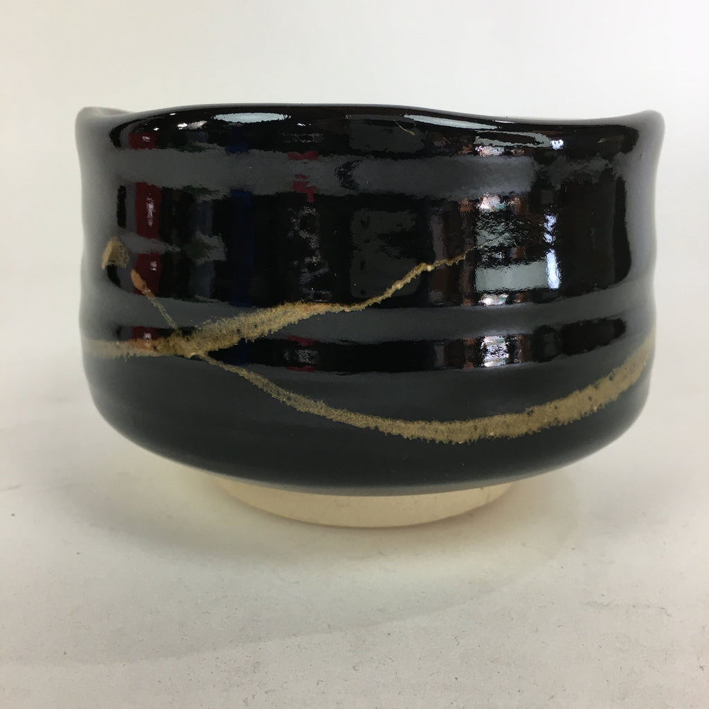 Japanese Ceramic Mino Ware Tea Ceremony Bowl Vtg Brown Line Matcha Black GTB758