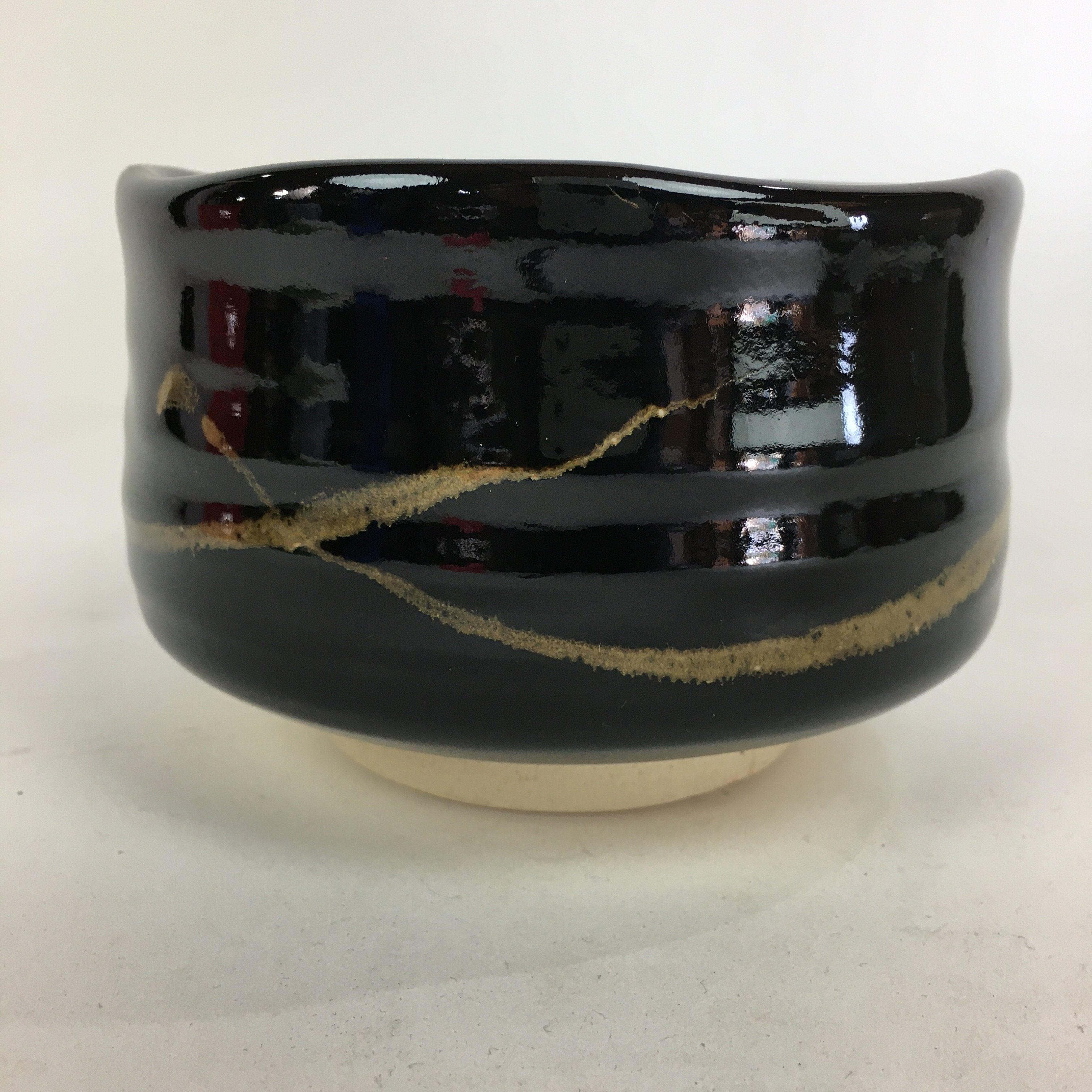 Japanese Ceramic Mino Ware Tea Ceremony Bowl Vtg Brown Line Matcha Black GTB758