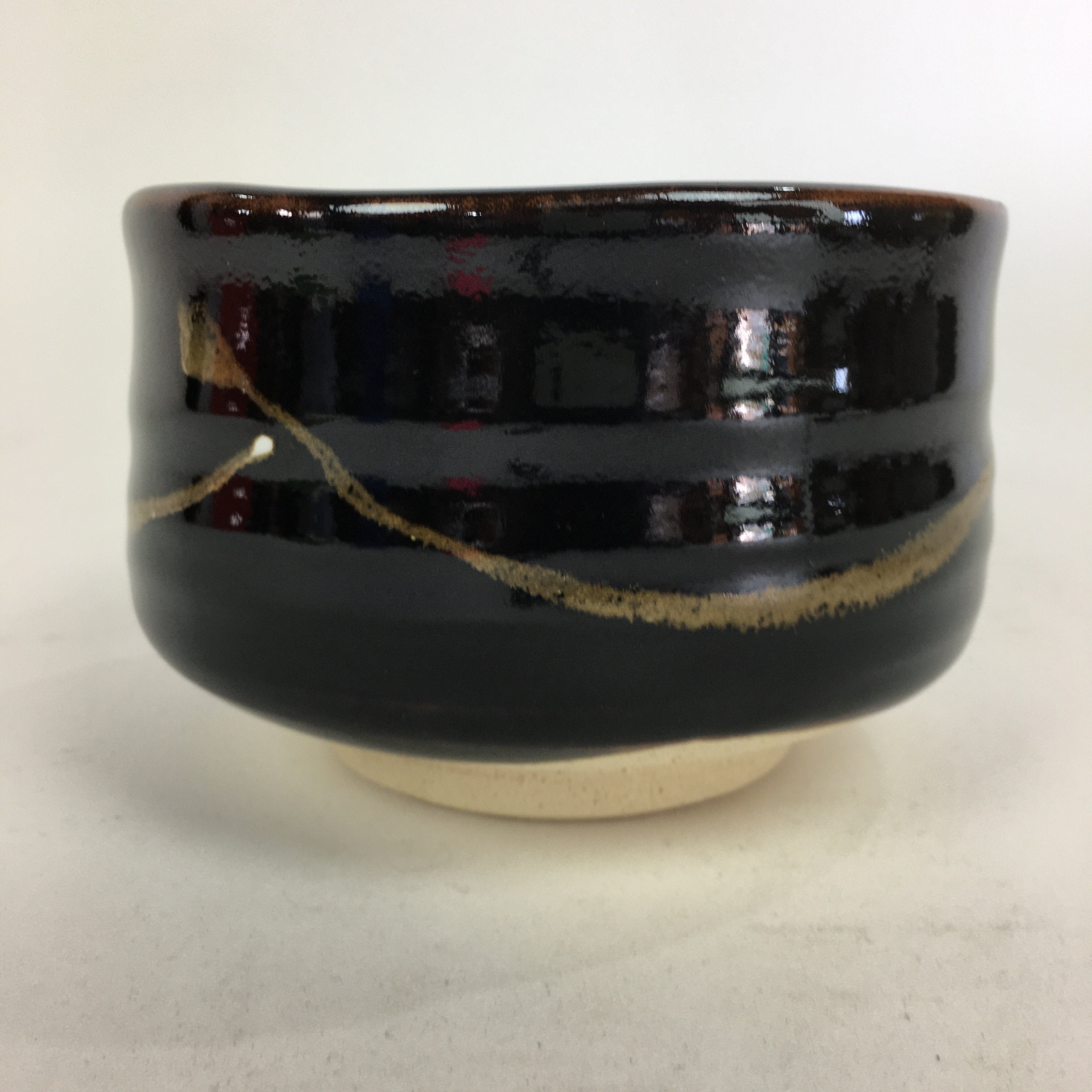Japanese Ceramic Mino Ware Tea Ceremony Bowl Vtg Brown Line Matcha Black GTB758