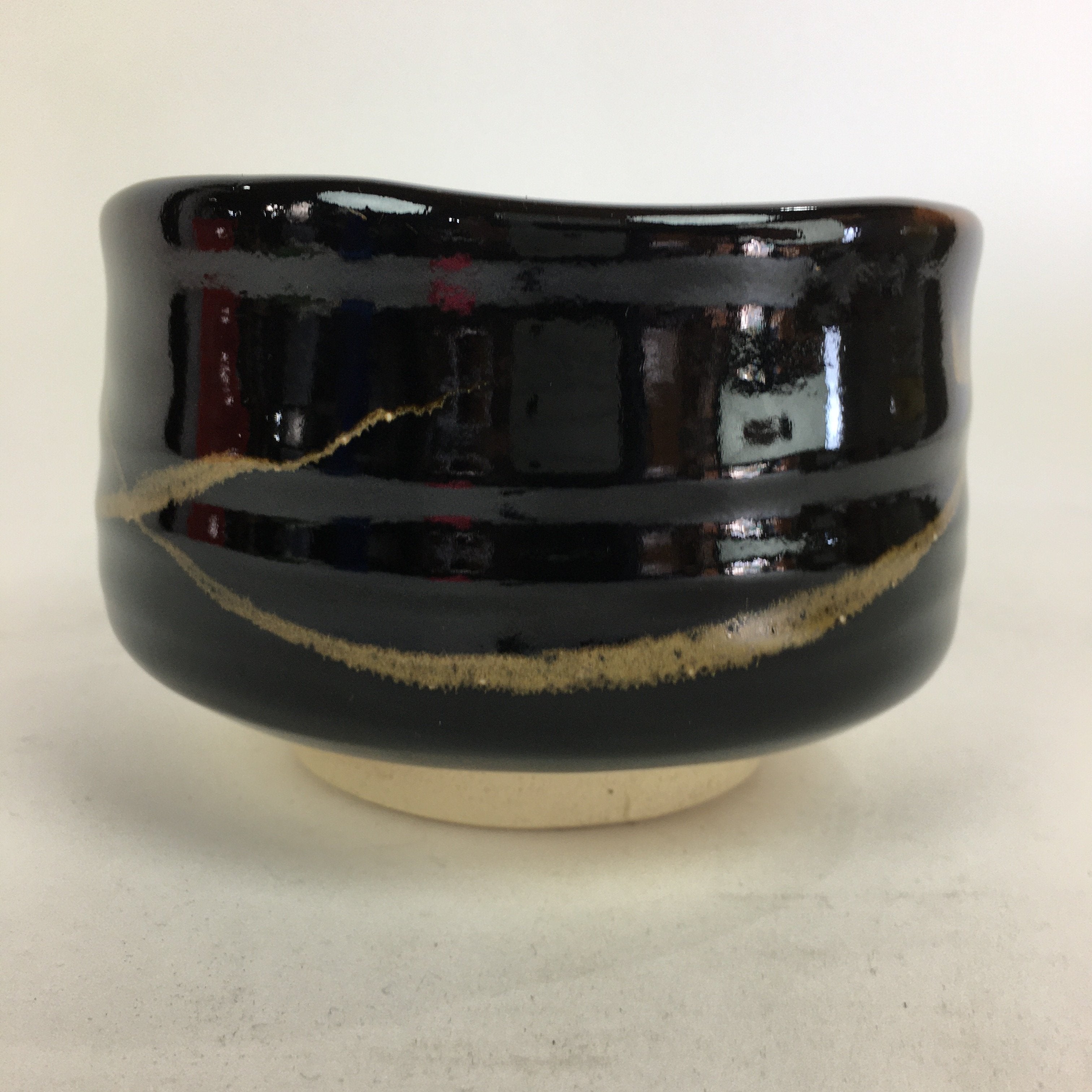 Japanese Ceramic Mino Ware Tea Ceremony Bowl Vtg Brown Line Matcha Black GTB758