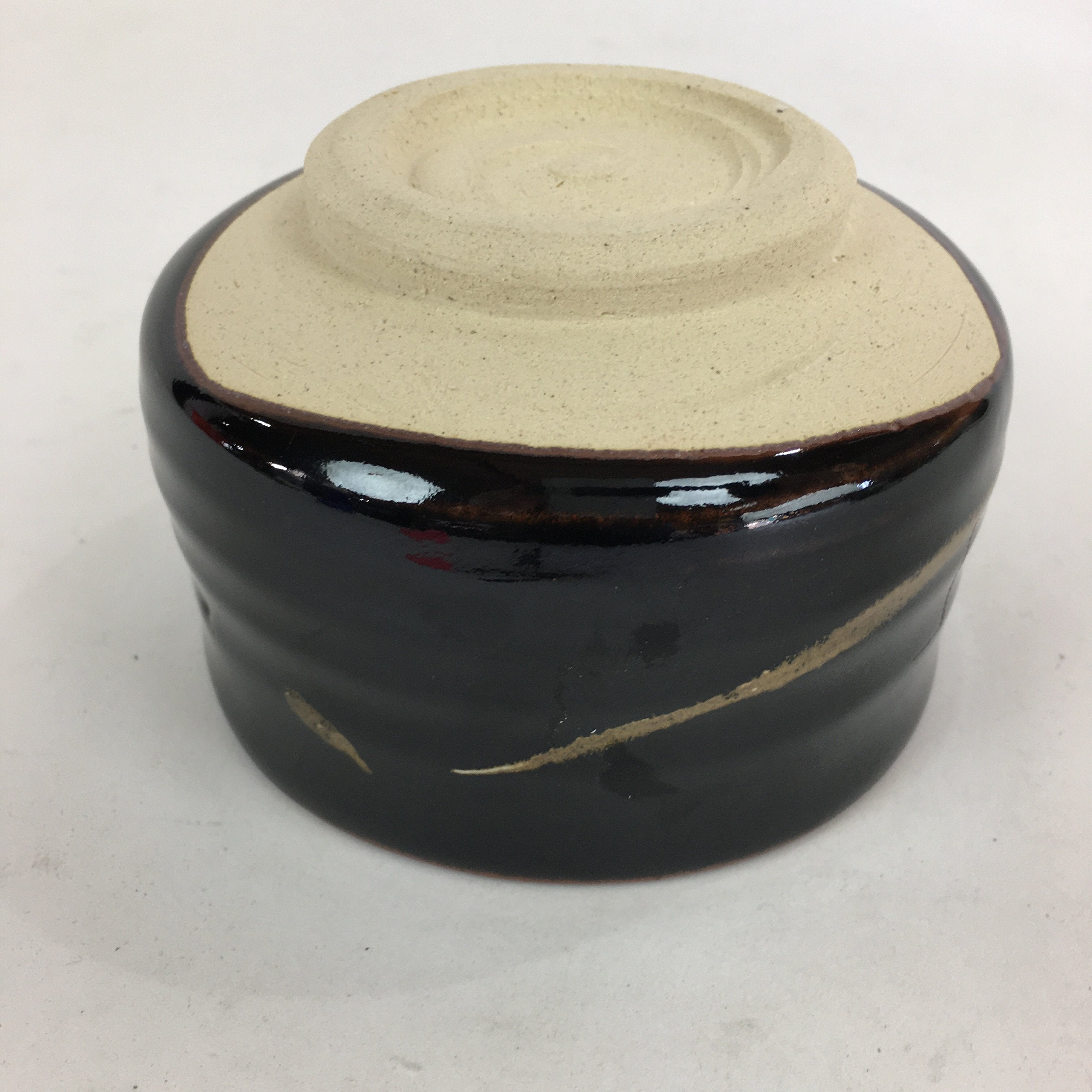 Japanese Ceramic Mino Ware Tea Ceremony Bowl Vtg Brown Line Matcha Black GTB758