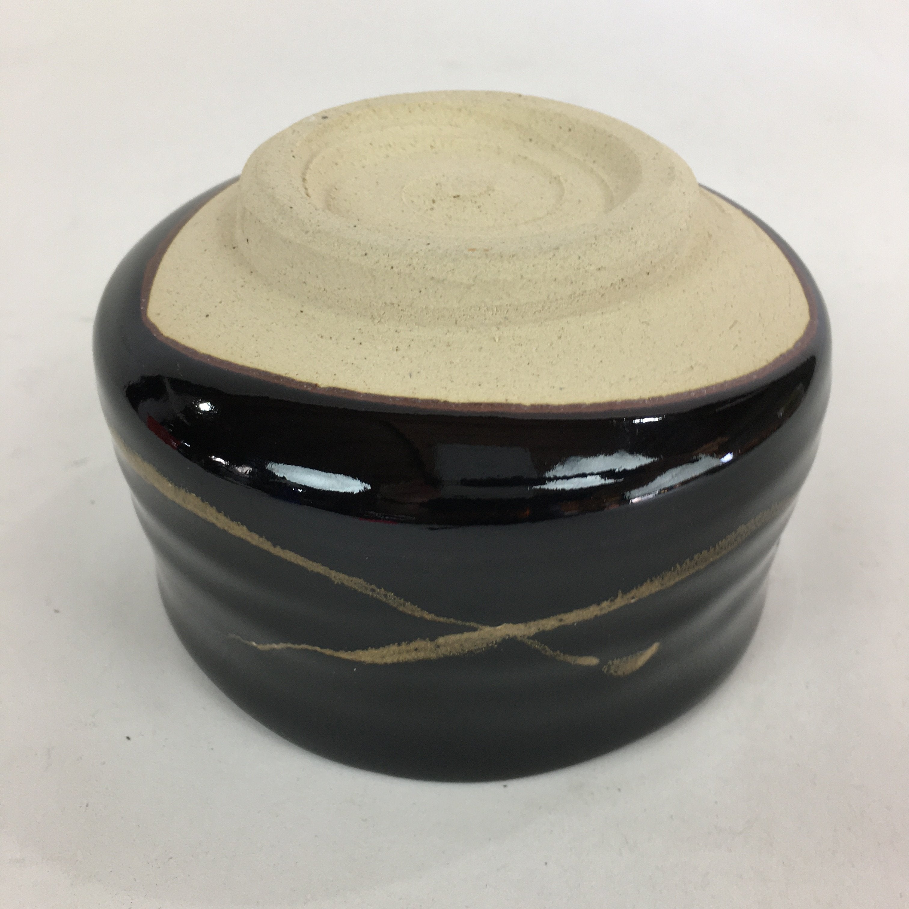 Japanese Ceramic Mino Ware Tea Ceremony Bowl Vtg Brown Line Matcha Black GTB758