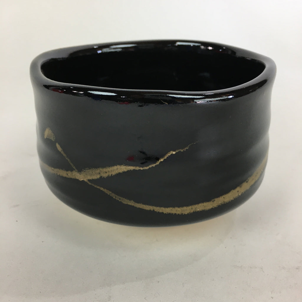 Japanese Ceramic Mino Ware Tea Ceremony Bowl Vtg Brown Line Matcha Black GTB758