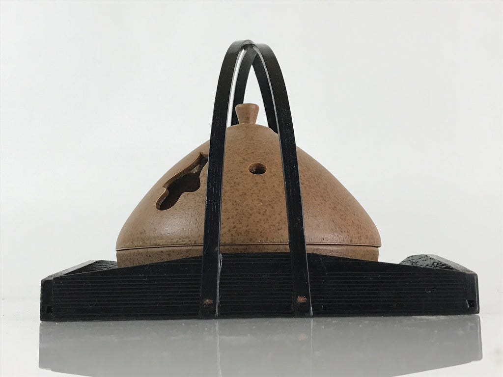 Japanese Ceramic Mosquito Coil Holder And Wooded Tray Vtg Iron Glaze PX629