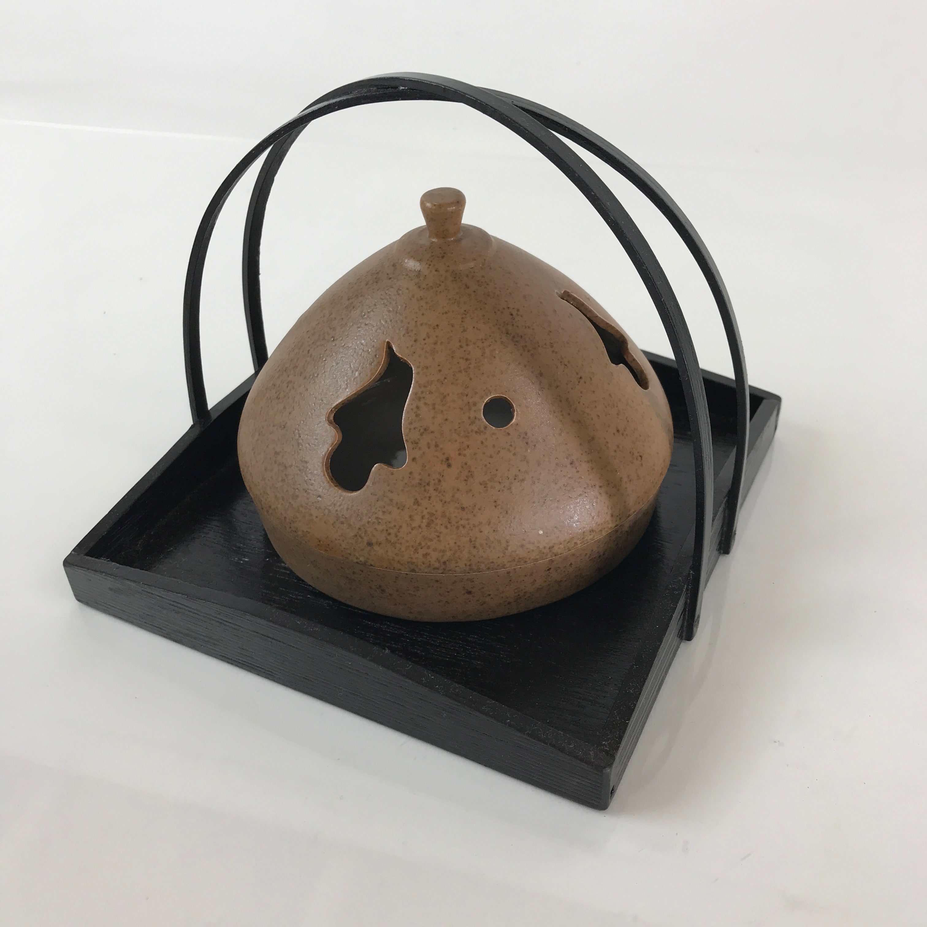 Japanese Ceramic Mosquito Coil Holder And Wooded Tray Vtg Iron Glaze PX629