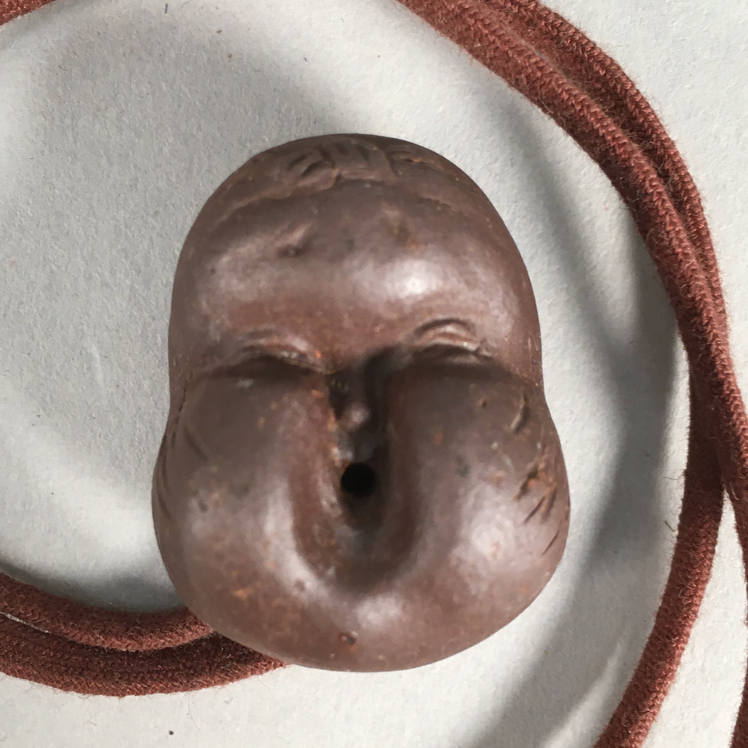 Japanese Ceramic Netsuke Kimono Accessory Vtg Okame Mask Toggle Cord JK61