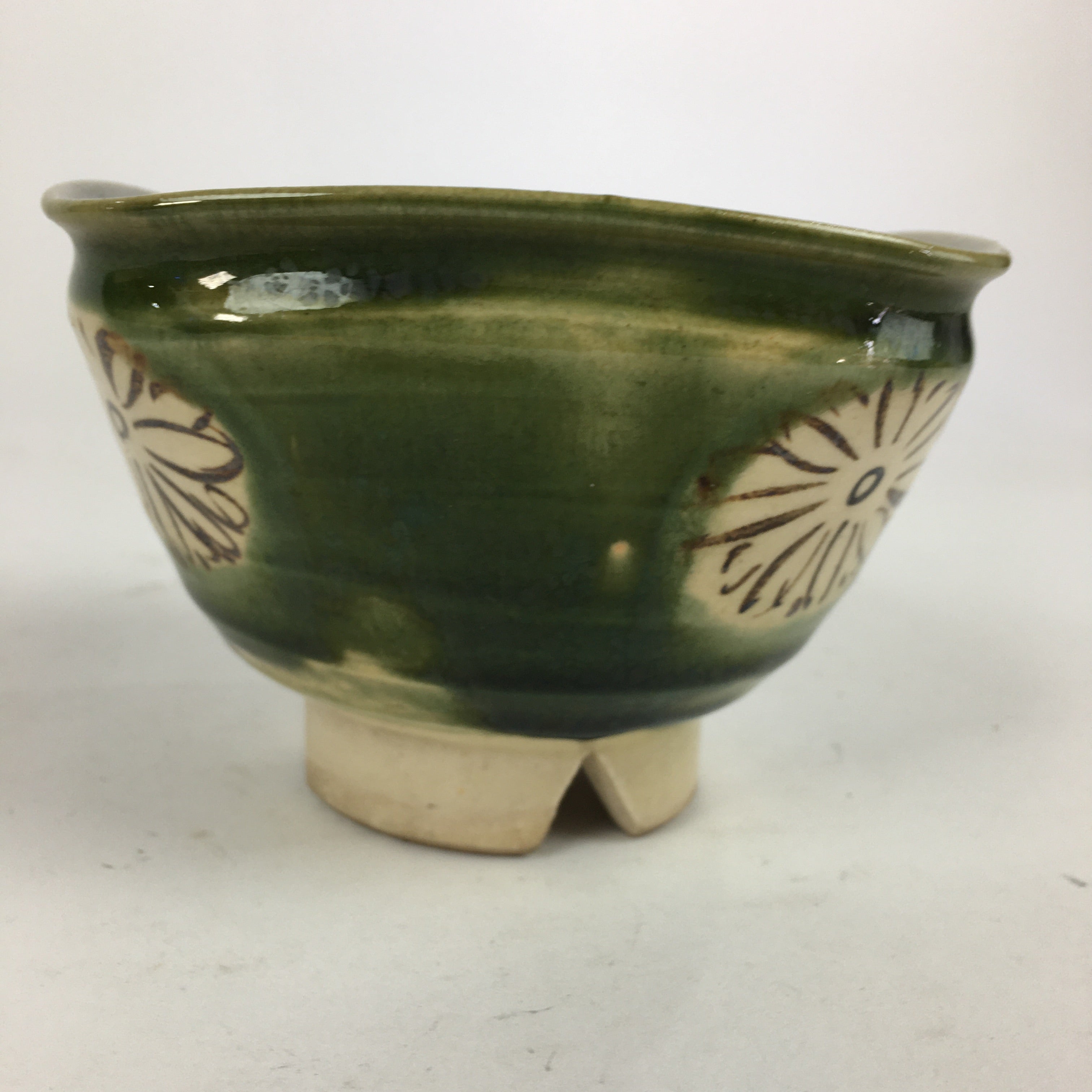 Japanese Ceramic Oribe Ware Bowl Vtg Pottery Green Glaze Square Shape PP839