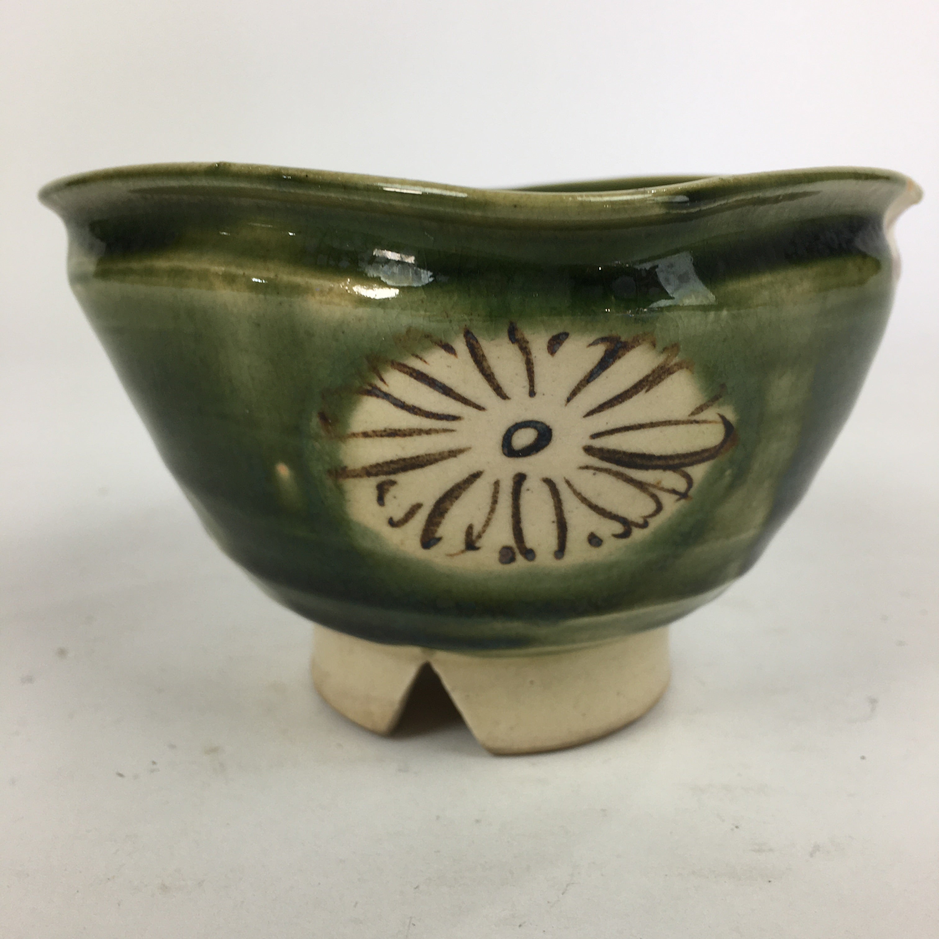 Japanese Ceramic Oribe Ware Bowl Vtg Pottery Green Glaze Square Shape PP839