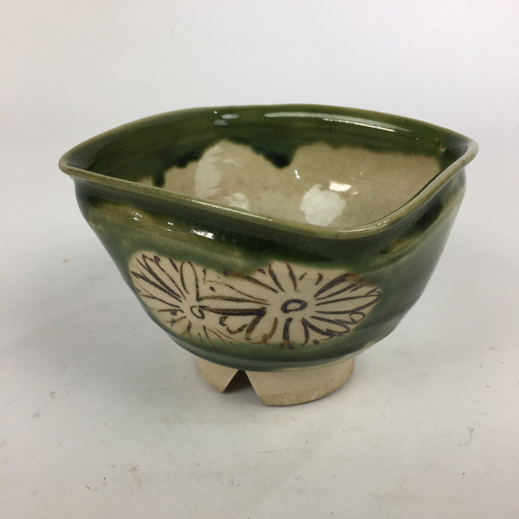 Japanese Ceramic Oribe Ware Bowl Vtg Pottery Green Glaze Square