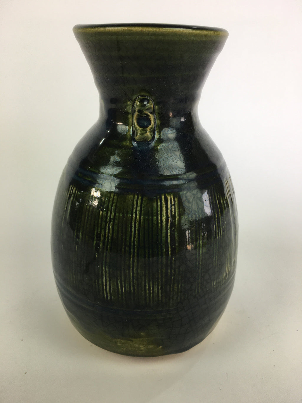 Japanese Ceramic Oribe Ware Flower Vase Vtg Kabin Pottery Ikebana FV909