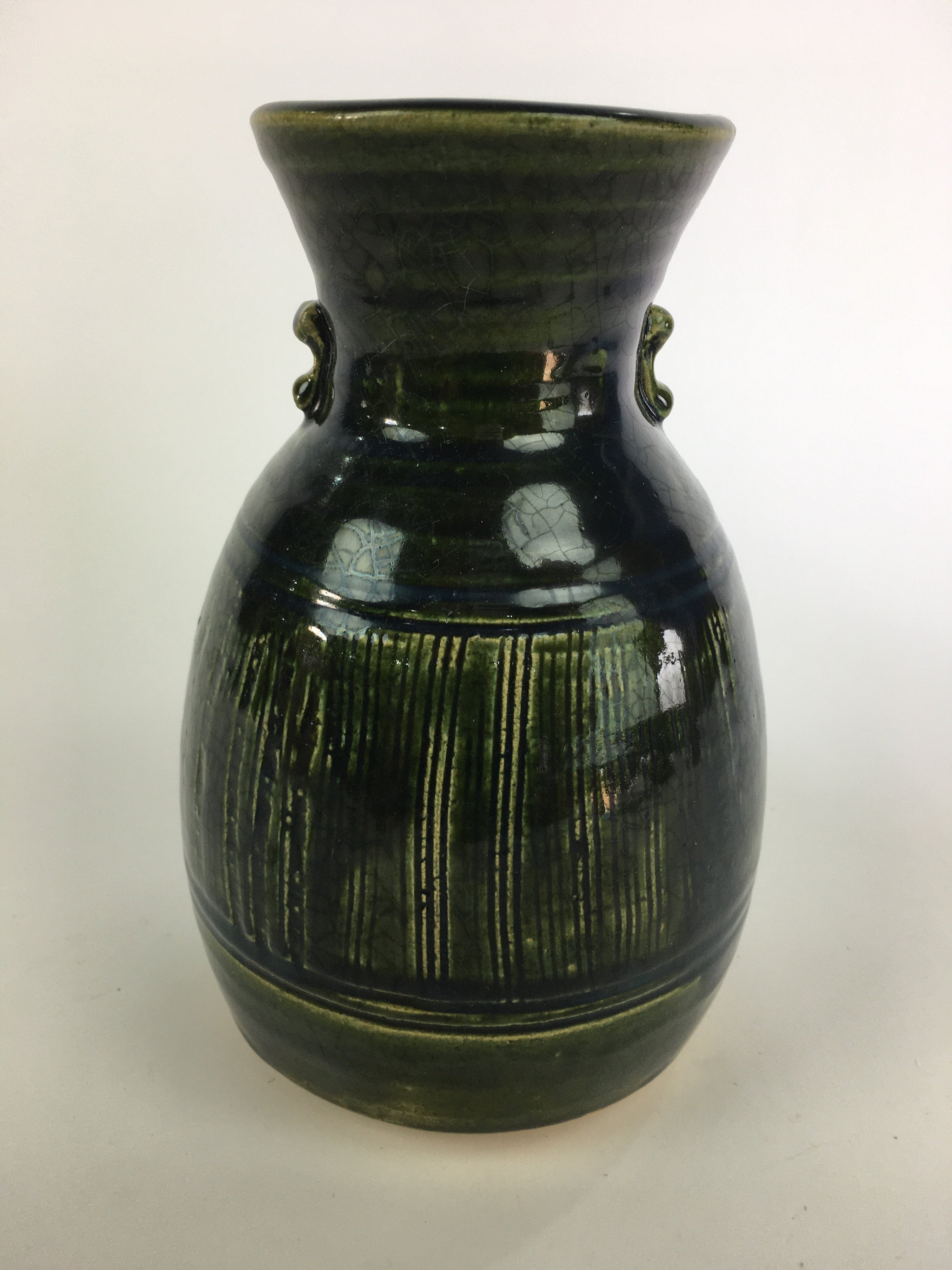 Japanese Ceramic Oribe Ware Flower Vase Vtg Kabin Pottery Ikebana FV909