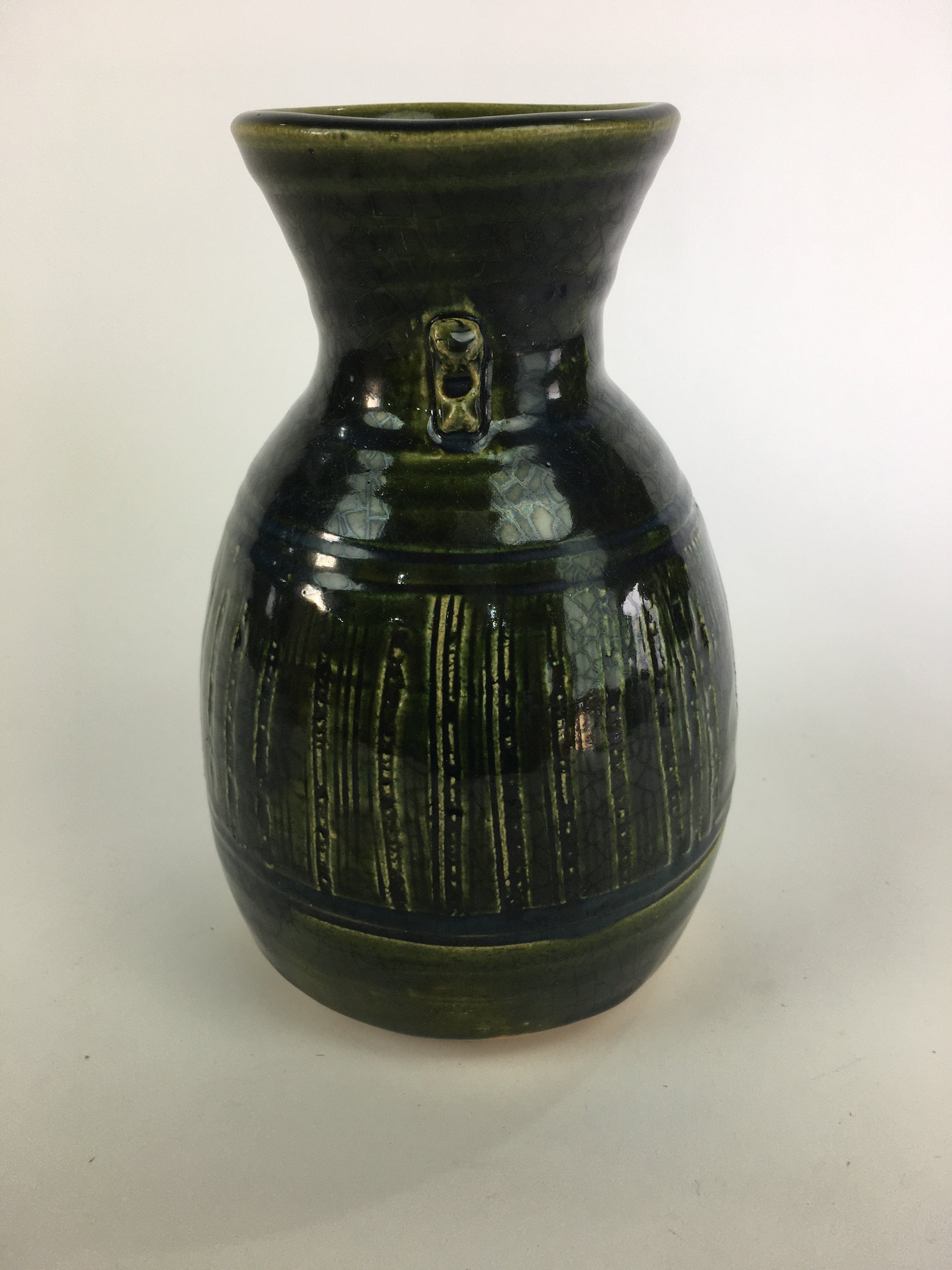 Japanese Ceramic Oribe Ware Flower Vase Vtg Kabin Pottery Ikebana FV909