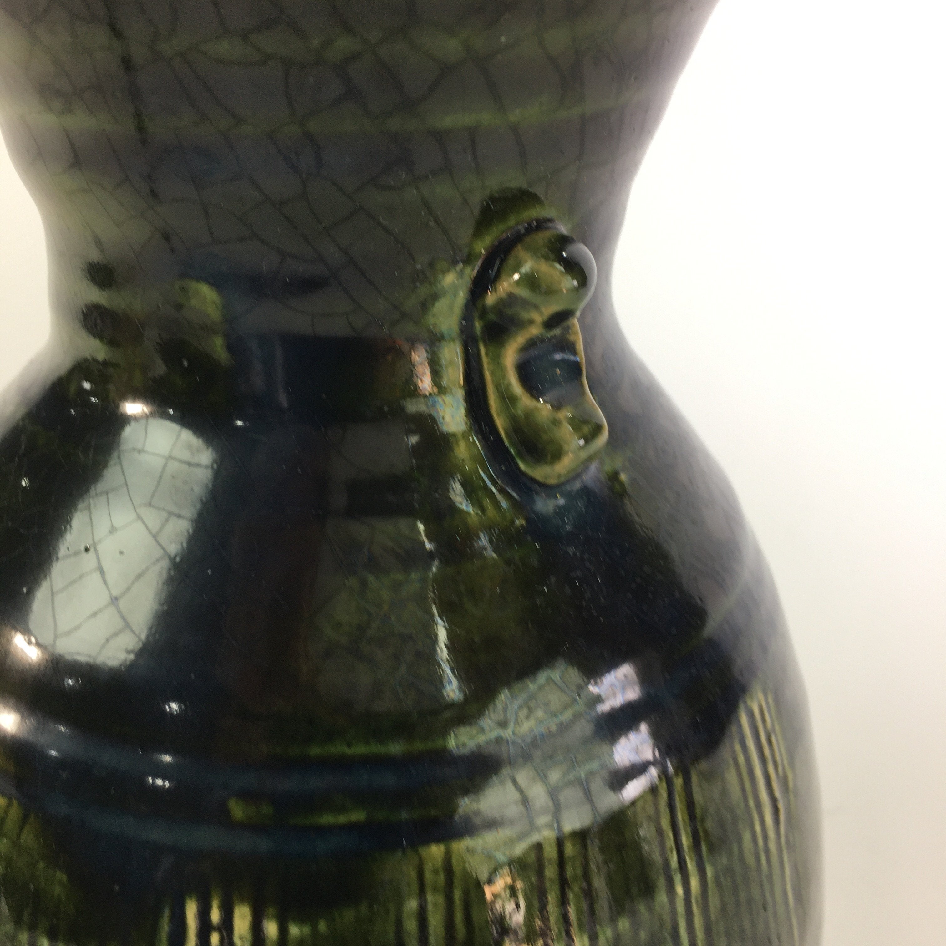 Japanese Ceramic Oribe Ware Flower Vase Vtg Kabin Pottery Ikebana FV909
