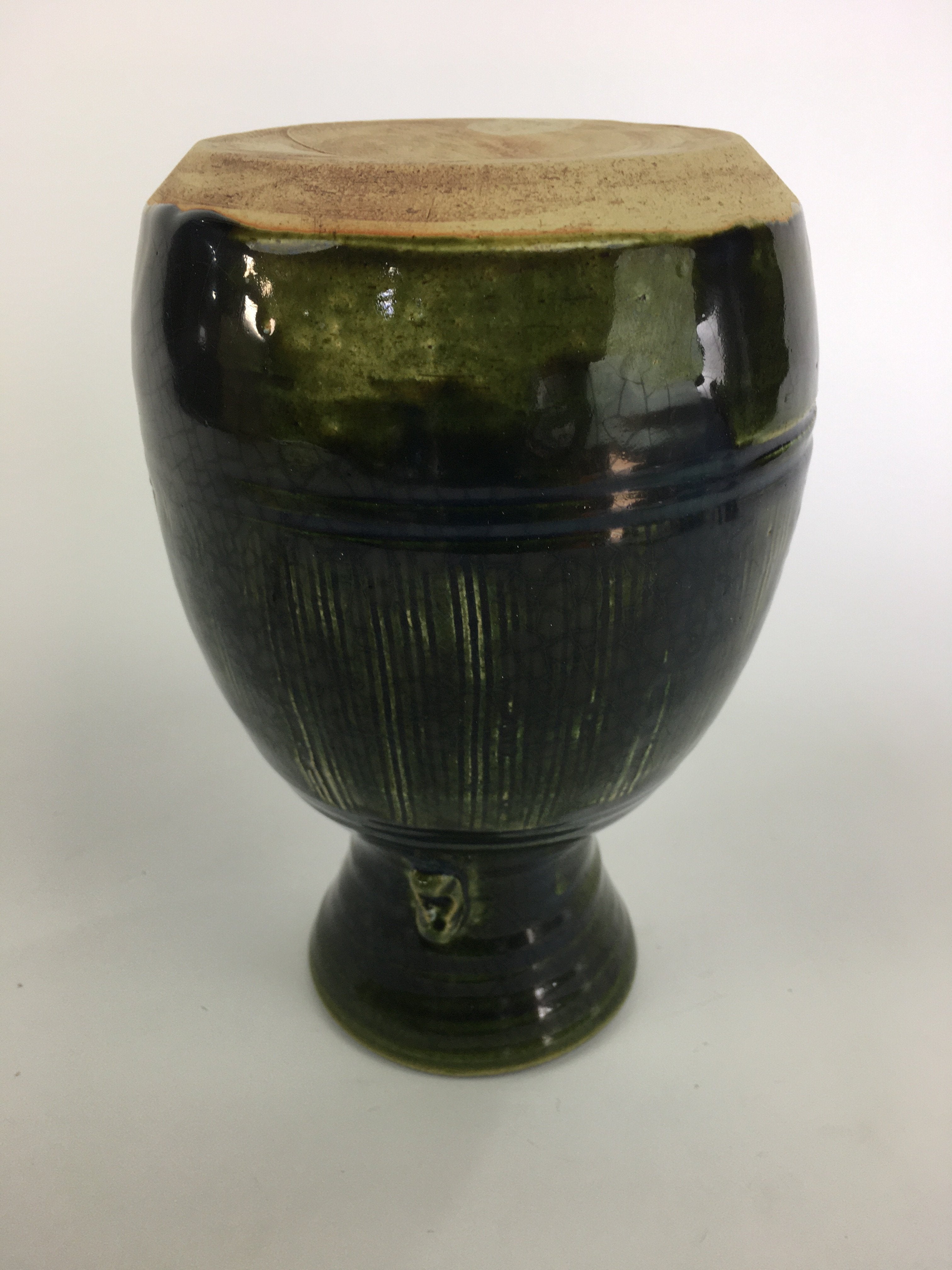Japanese Ceramic Oribe Ware Flower Vase Vtg Kabin Pottery Ikebana FV909