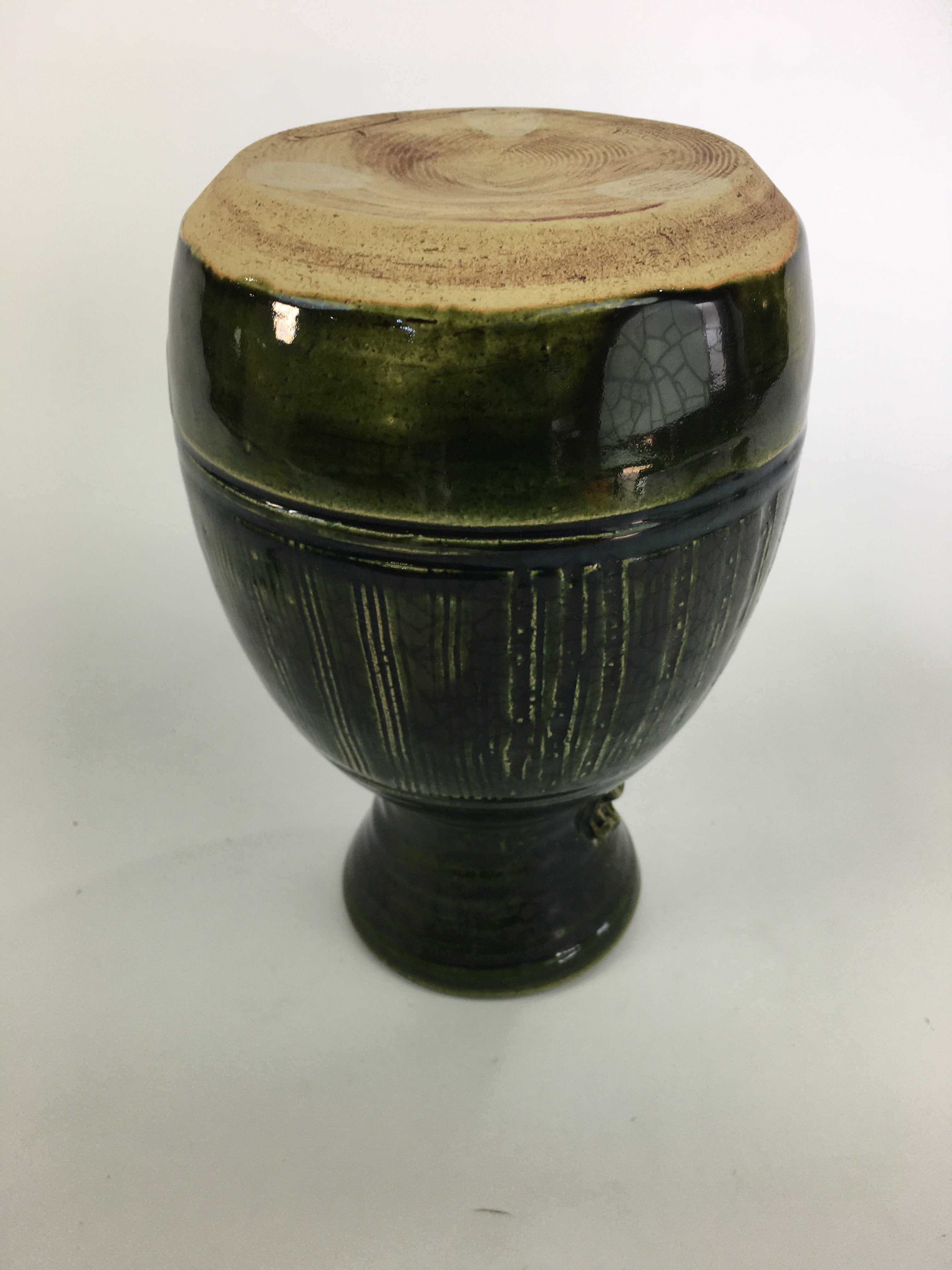 Japanese Ceramic Oribe Ware Flower Vase Vtg Kabin Pottery Ikebana FV909