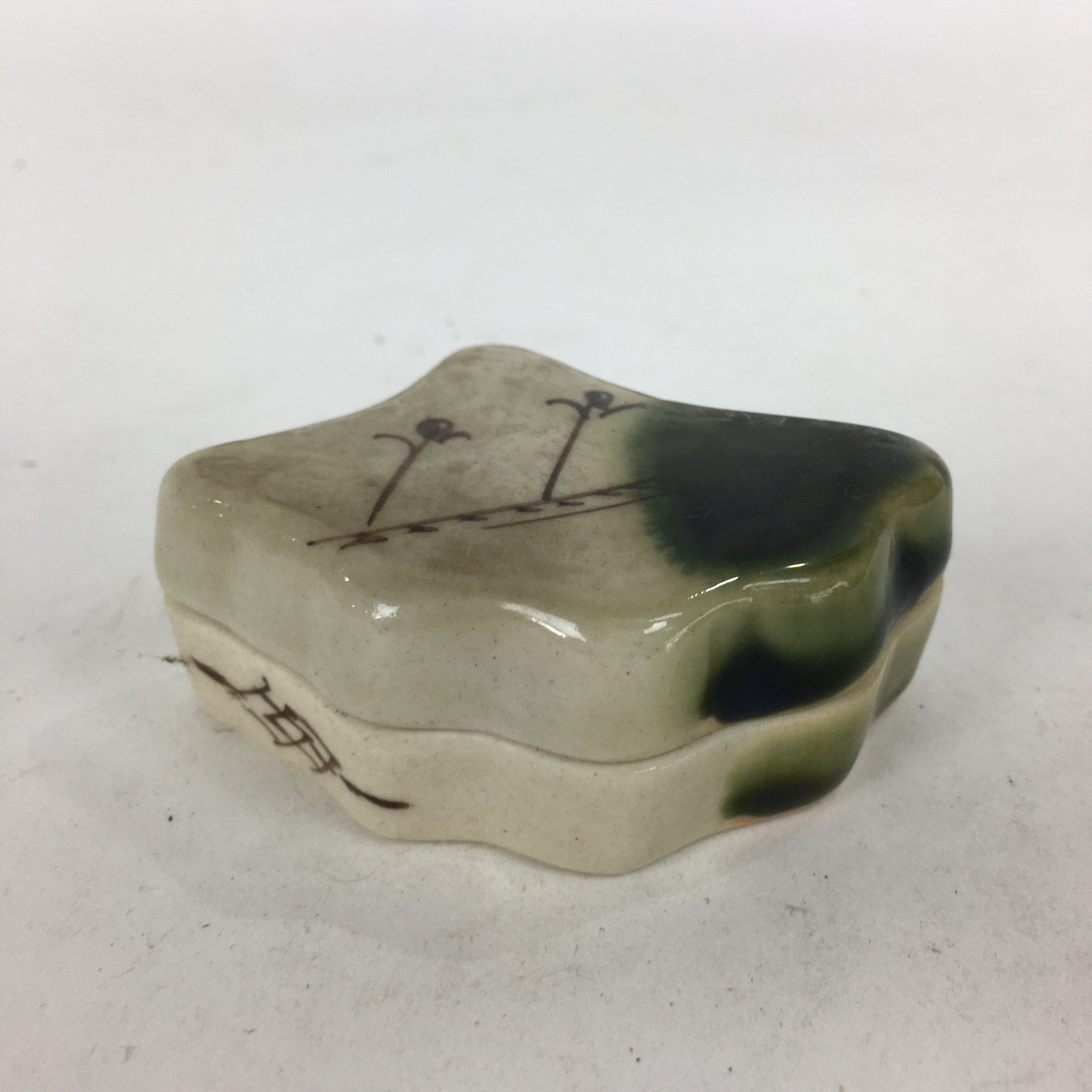 Japanese Ceramic Oribe Ware Incense Container Kogo Vtg Tea Ceremony PP745