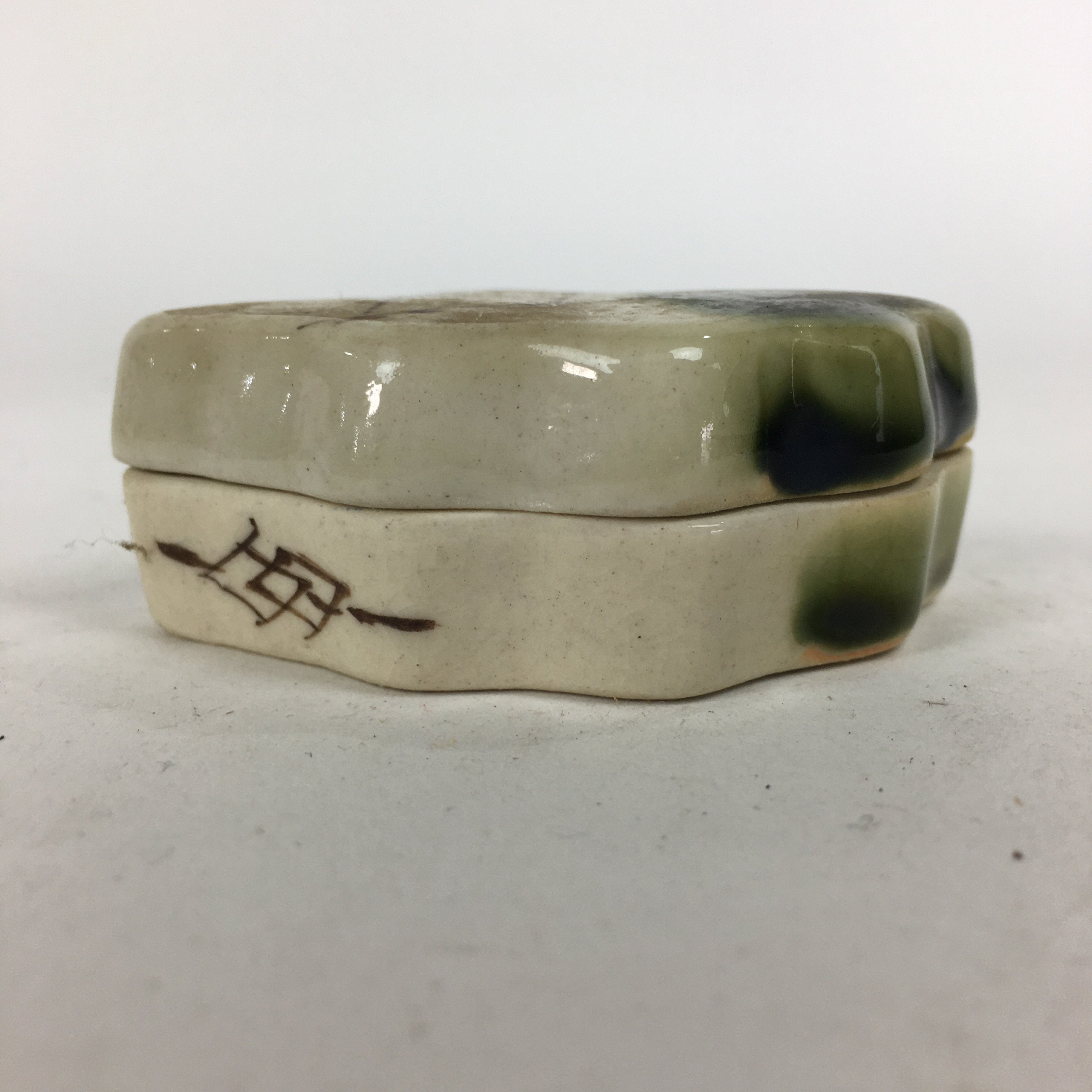 Japanese Ceramic Oribe Ware Incense Container Kogo Vtg Tea Ceremony PP745