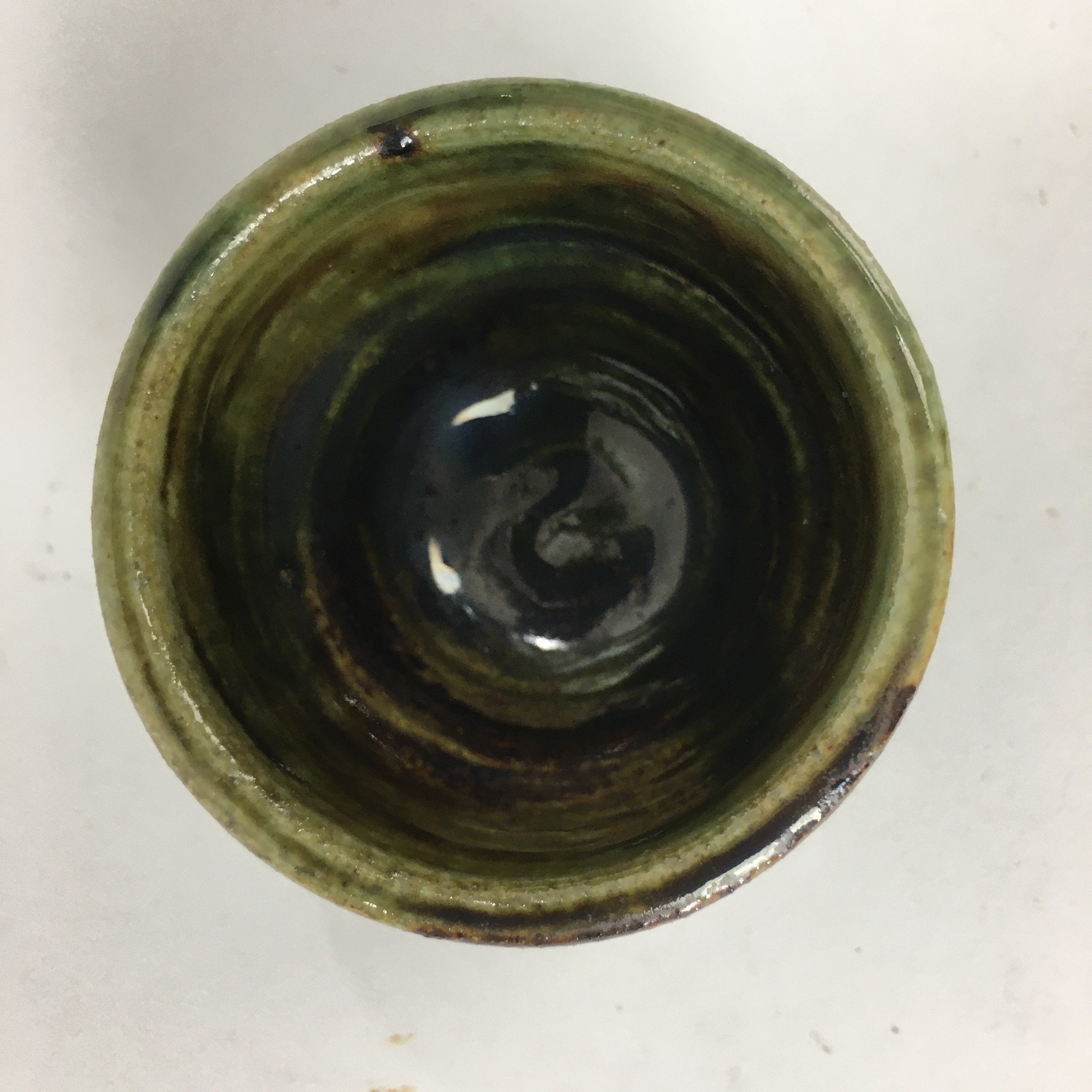 Japanese Ceramic Oribe Ware Sake Cup Vtg Guinomi Ochoko Green Glaze GU967