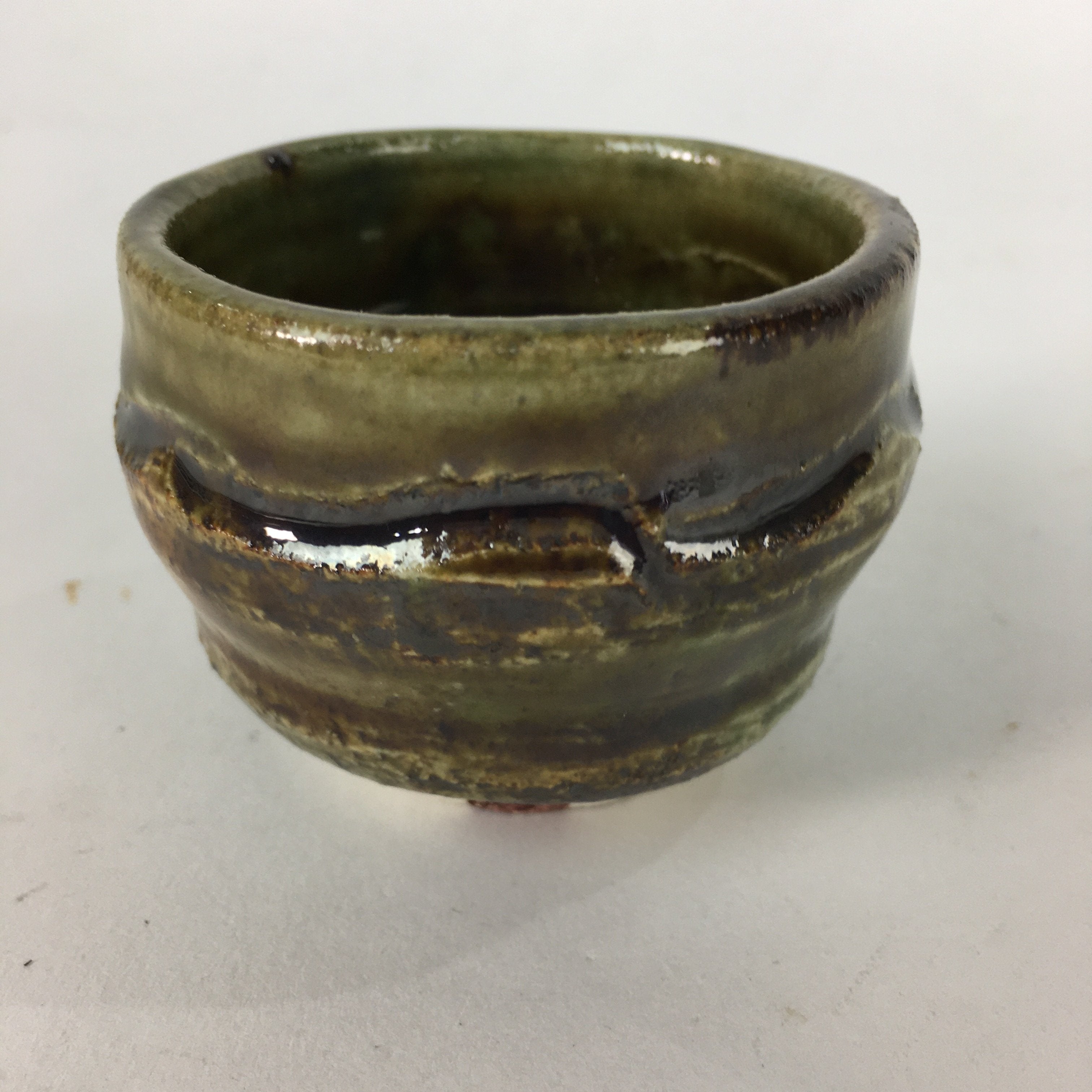 Japanese Ceramic Oribe Ware Sake Cup Vtg Guinomi Ochoko Green Glaze GU967