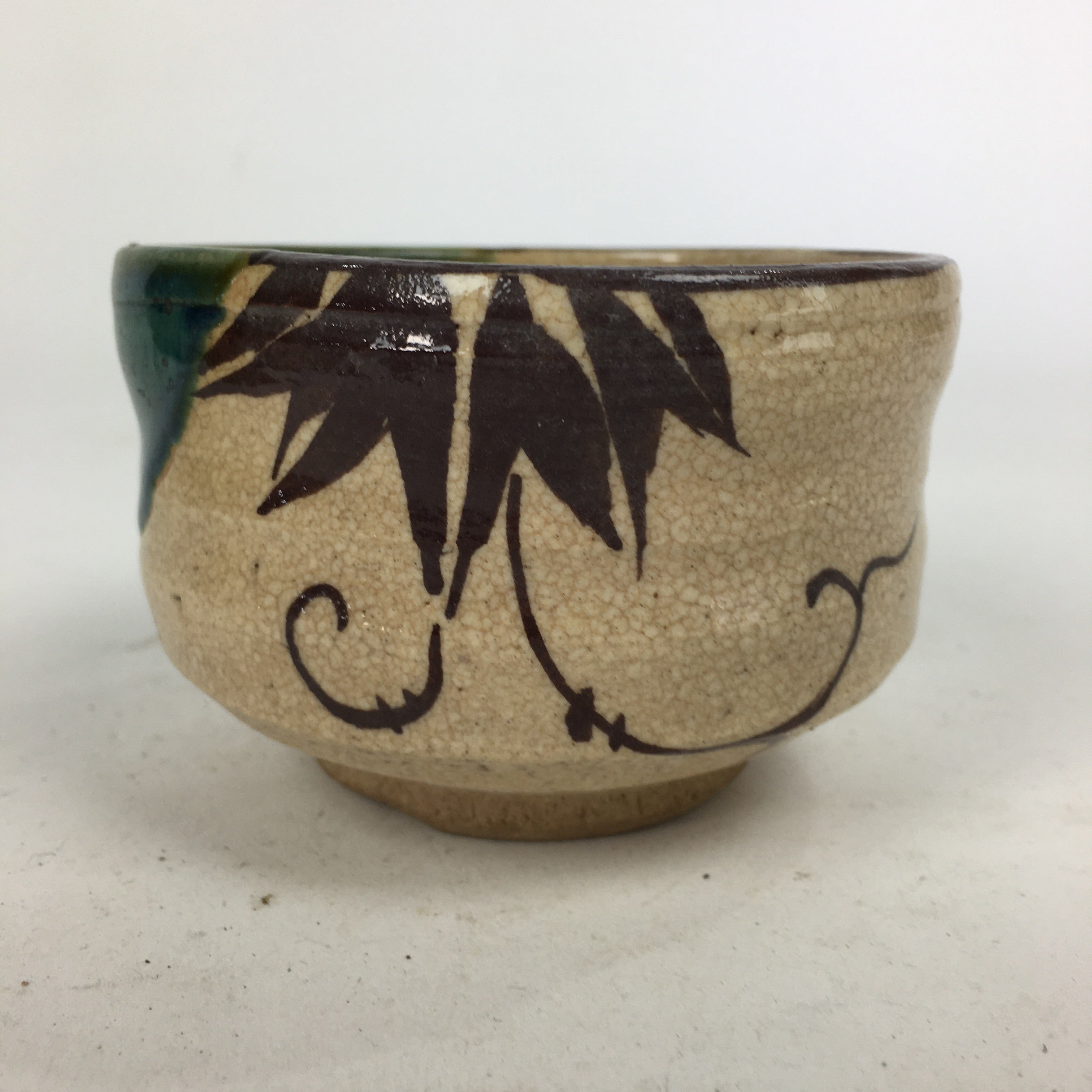 Japanese Ceramic Oribe Ware Small Bowl Vtg Pottery Green Glaze Kobachi PP846