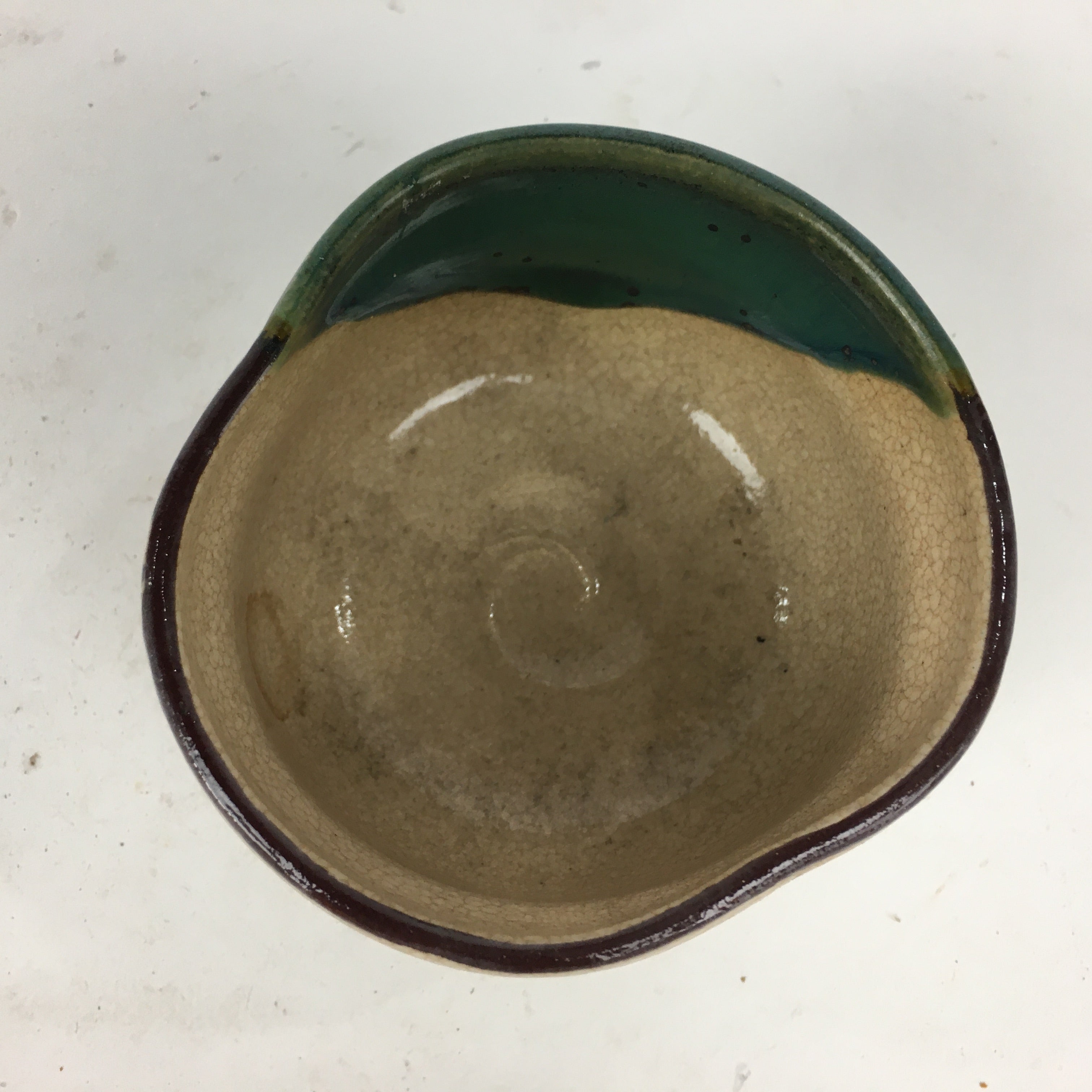 Japanese Ceramic Oribe Ware Small Bowl Vtg Pottery Green Glaze Kobachi PP846
