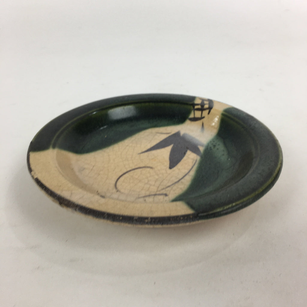 Japanese Ceramic Oribe Ware Small Plate Vtg Pottery Green Glaze Round Kozara PP7