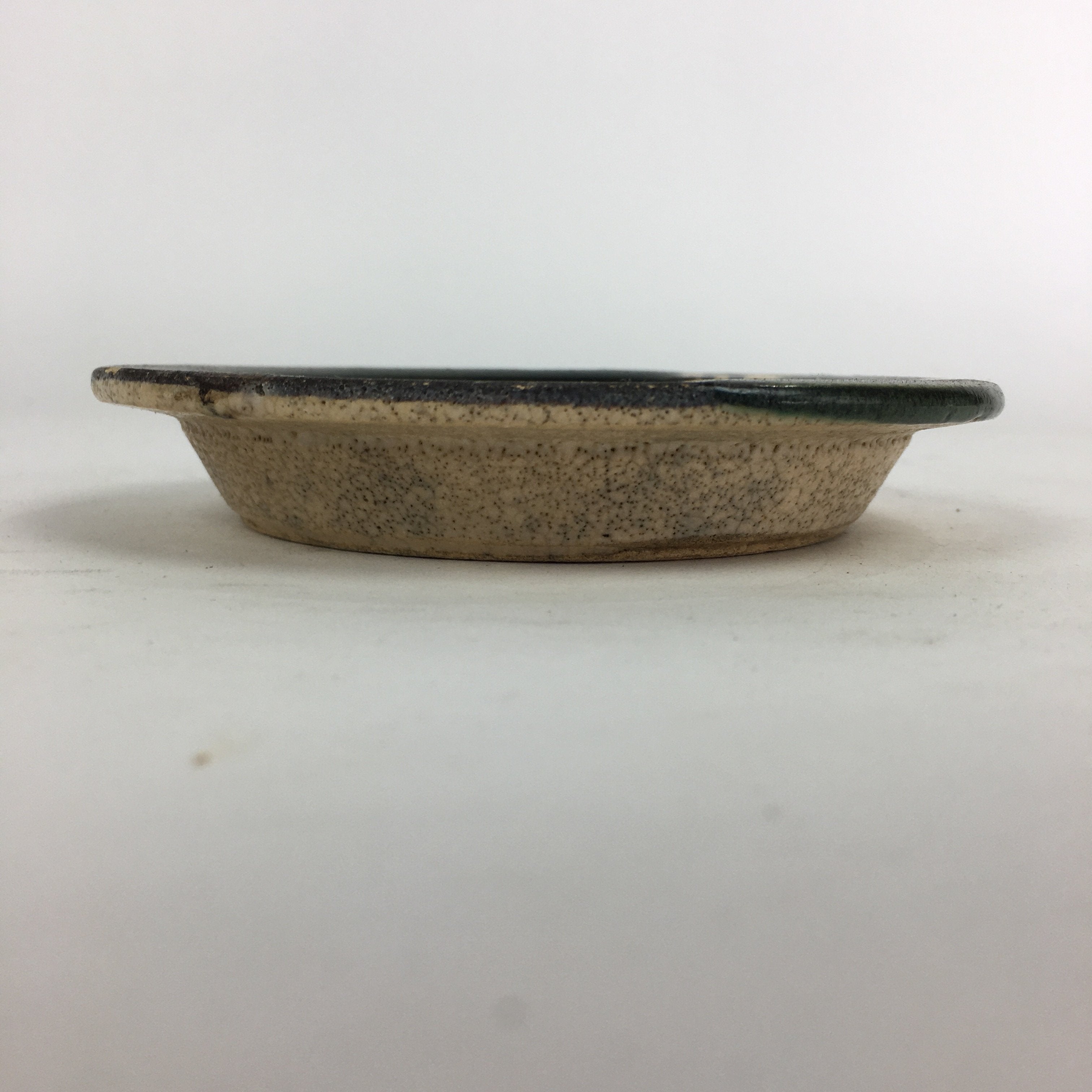 Japanese Ceramic Oribe Ware Small Plate Vtg Pottery Green Glaze Round Kozara PP7