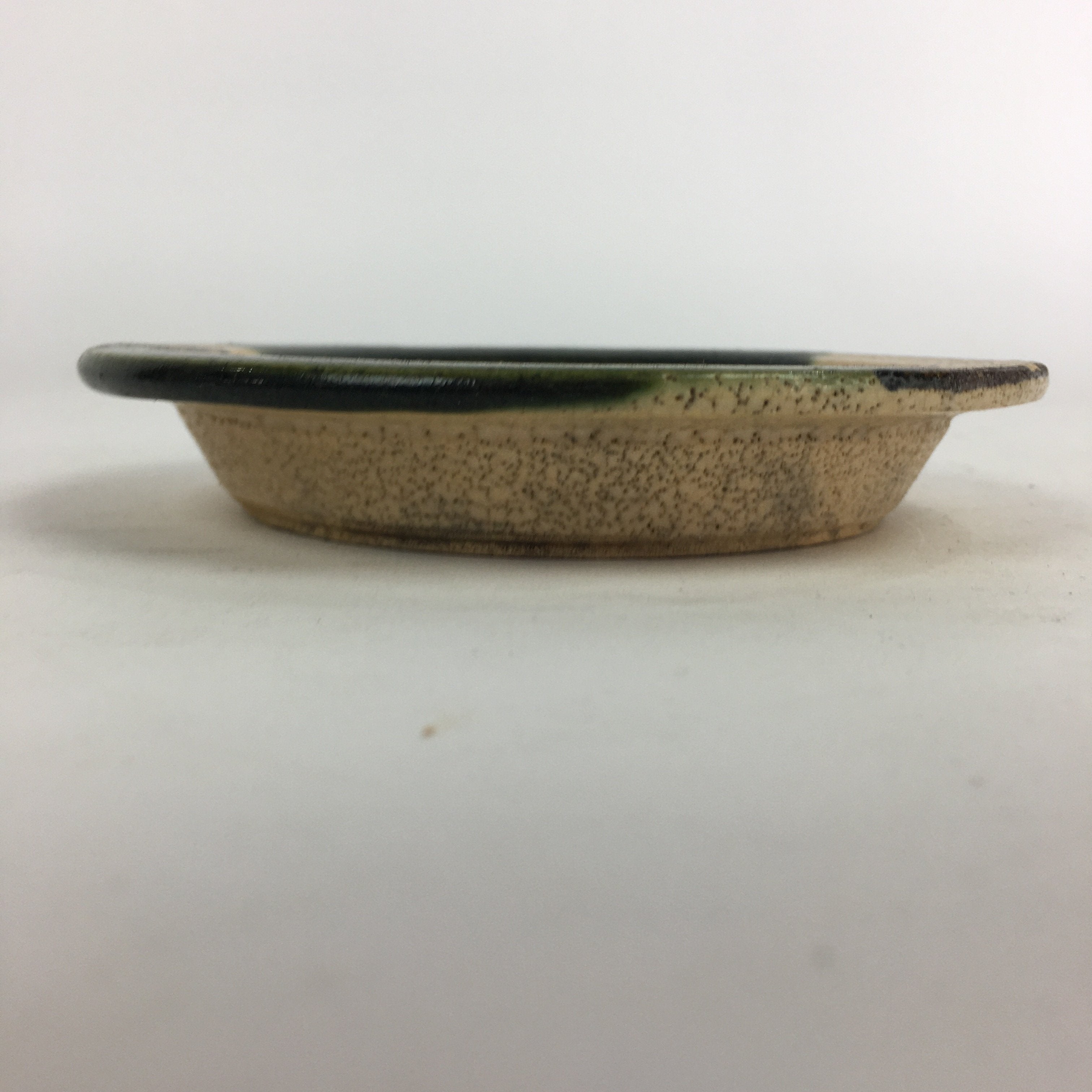 Japanese Ceramic Oribe Ware Small Plate Vtg Pottery Green Glaze Round Kozara PP7