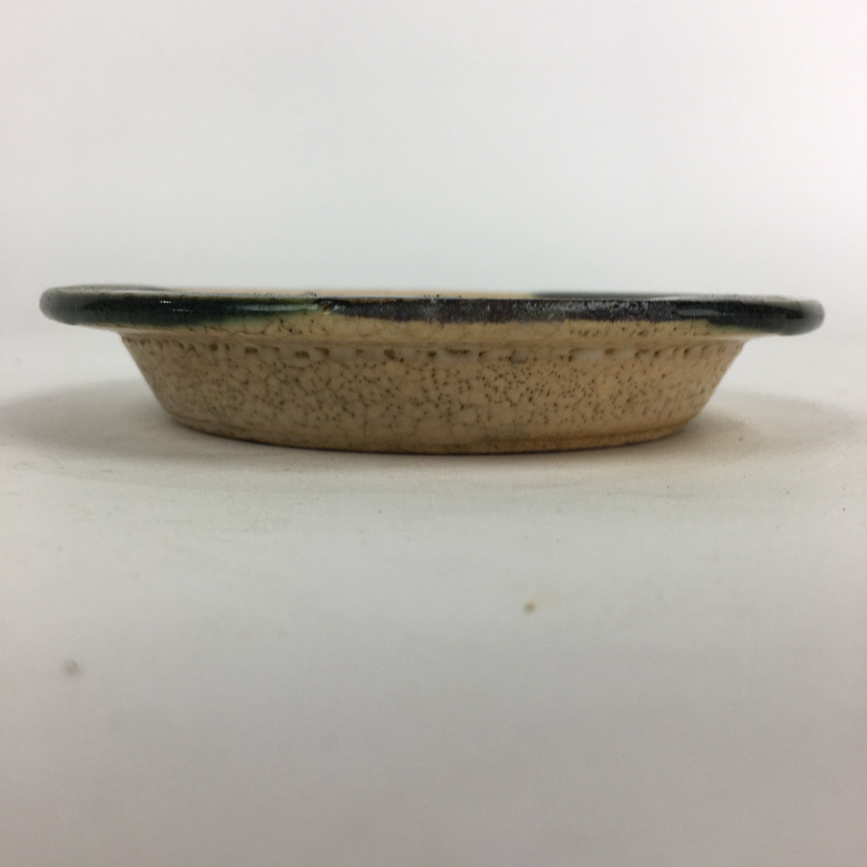 Japanese Ceramic Oribe Ware Small Plate Vtg Pottery Green Glaze Round Kozara PP7