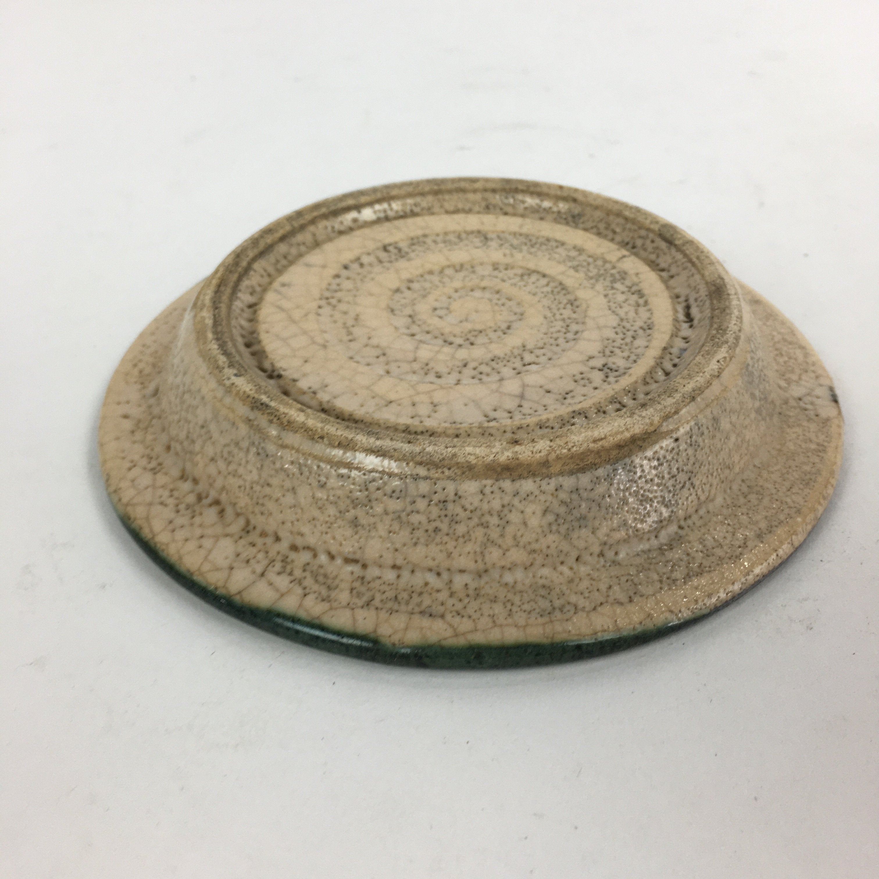 Japanese Ceramic Oribe Ware Small Plate Vtg Pottery Green Glaze Round Kozara PP7